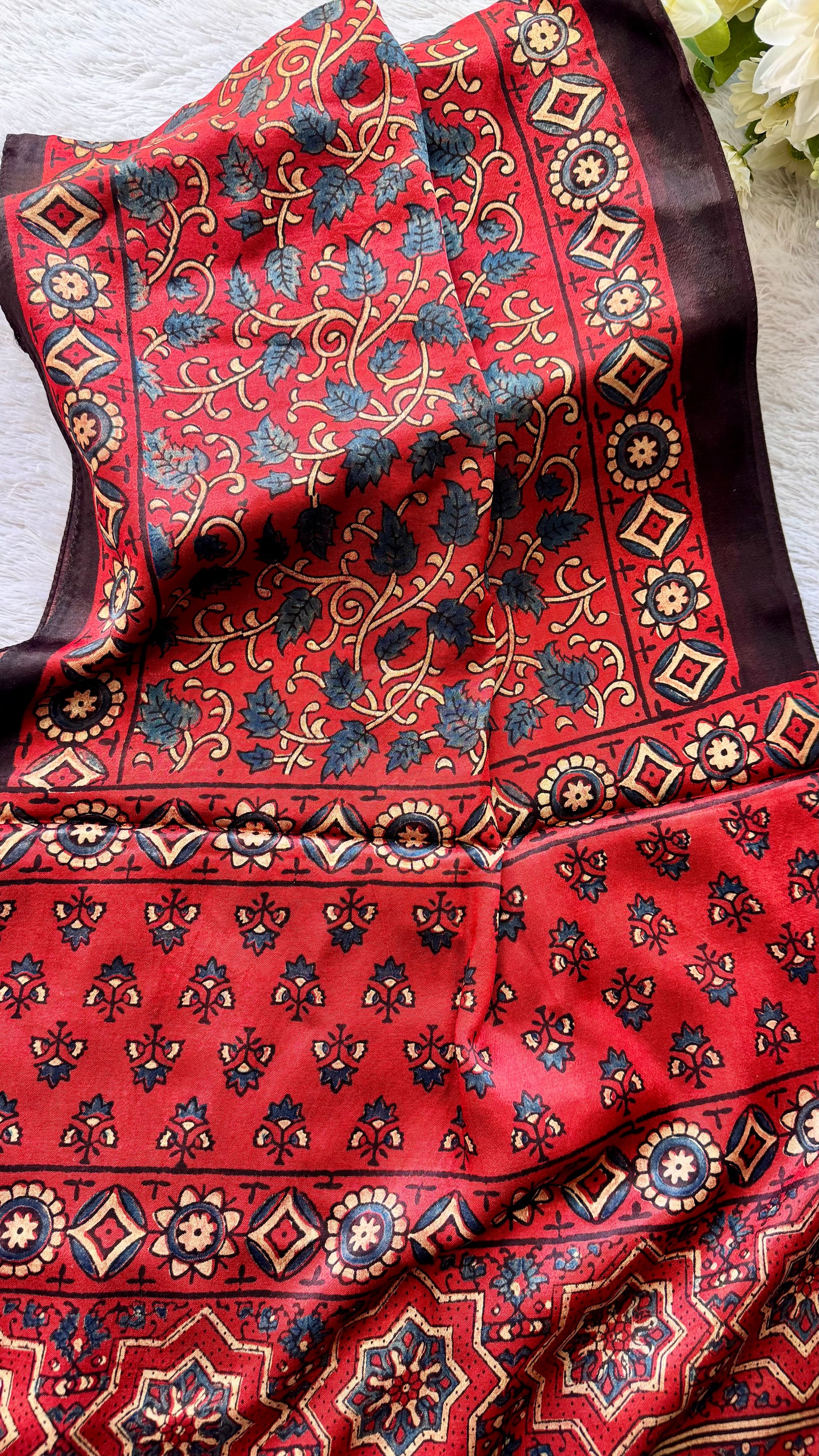 Red Shade Blue Leaf Motif Ajrakh Hand Block Print Mashru Silk Stole with Tassels