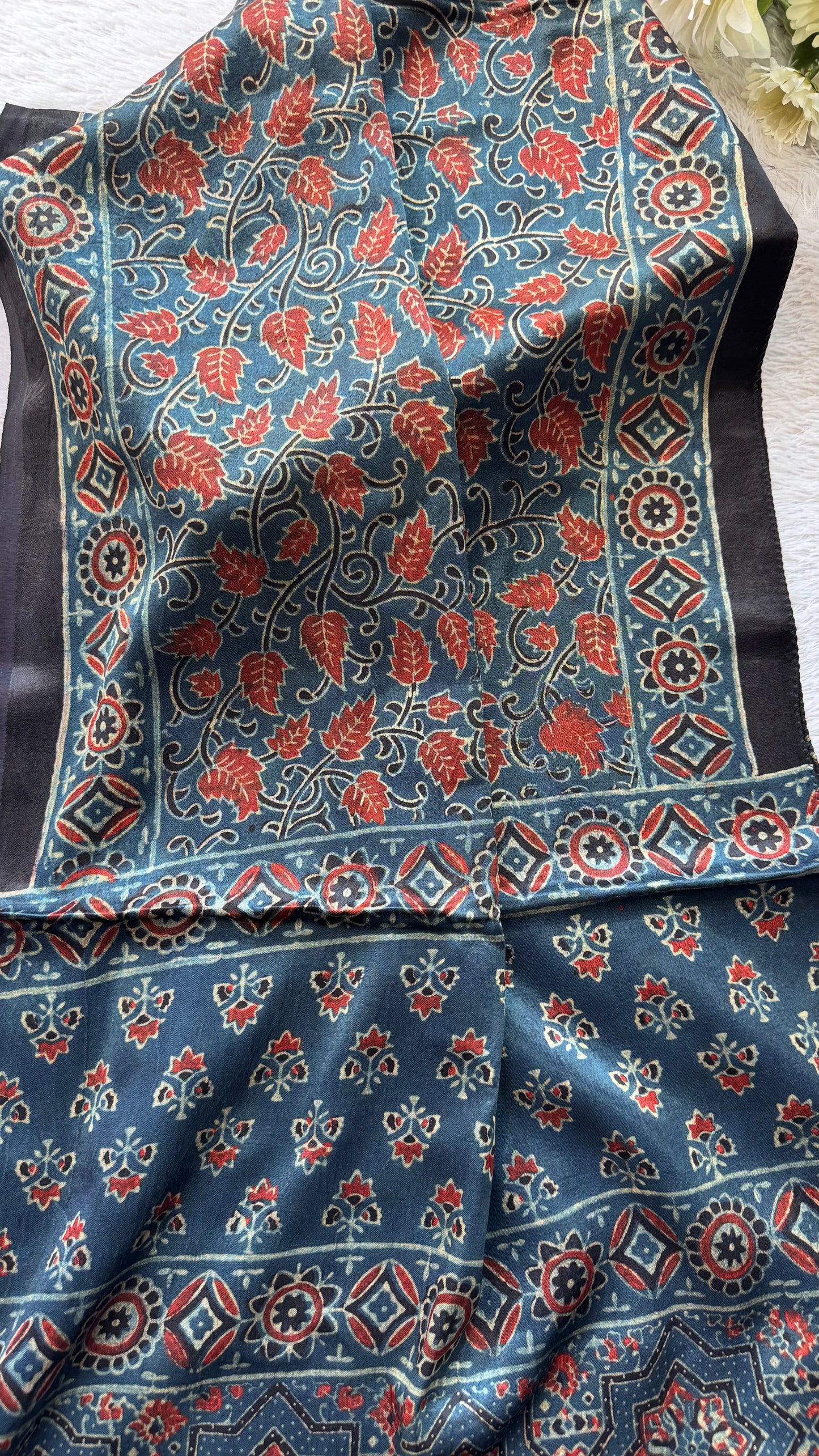 Blue Shade Red Leaf Motif Ajrakh Hand Block Print Mashru Silk Stole with Tassels