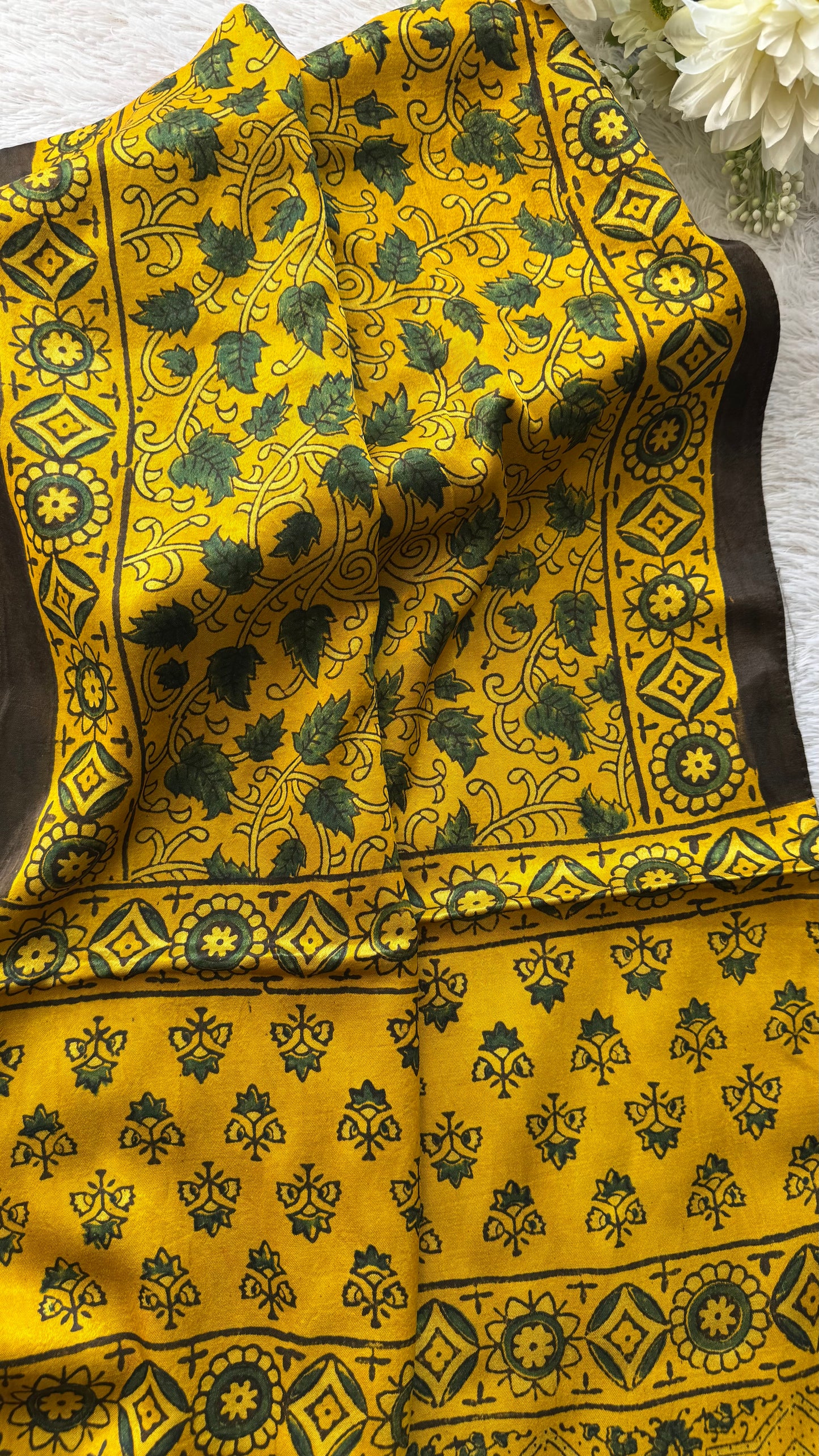 Yellow Shade Black Leaf Motif Ajrakh Hand Block Print Mashru Silk Stole with Tassels