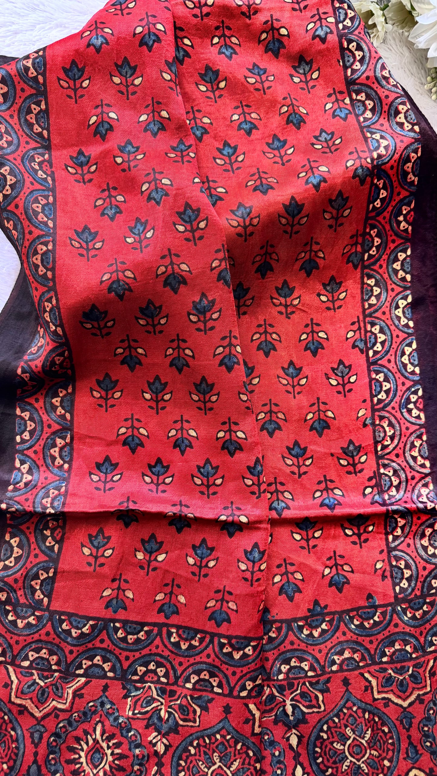 Red Shade Flower Motif Ajrakh Hand Block Print Mashru Silk Stole with Tassels