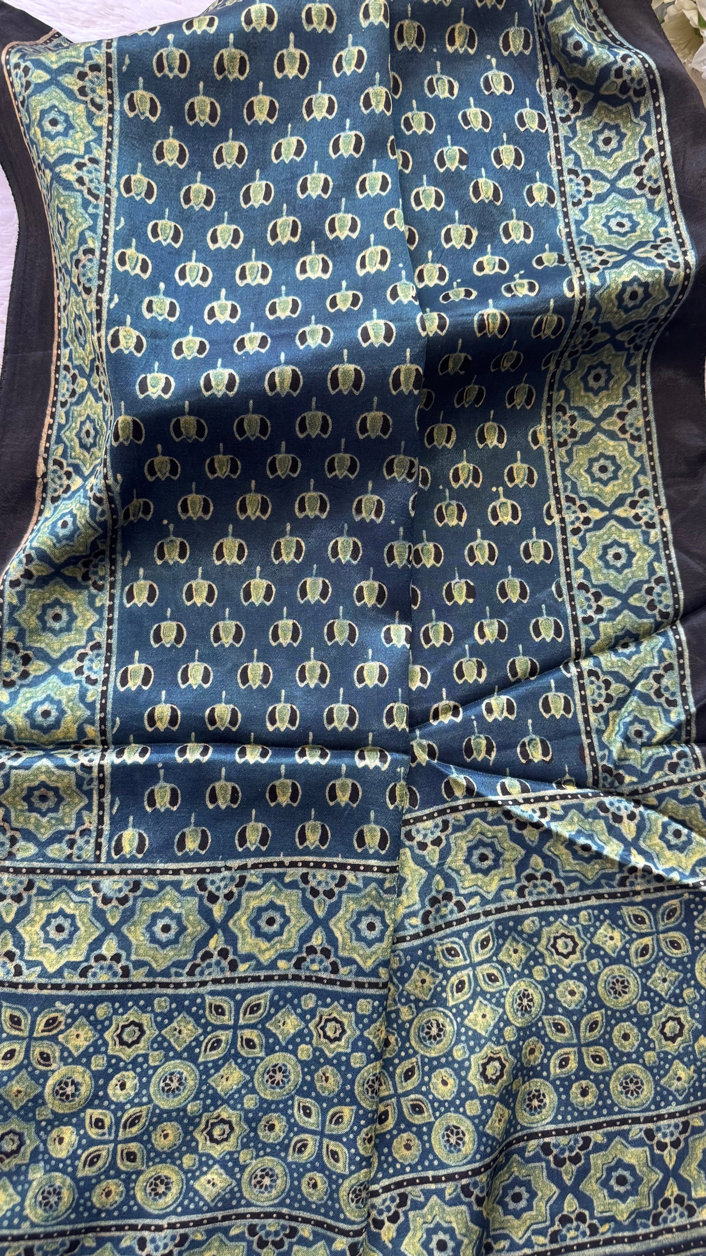 Aqua Shade Kamal Buta Motif Ajrakh Hand Block Print Mashru Silk Stole with Tassels