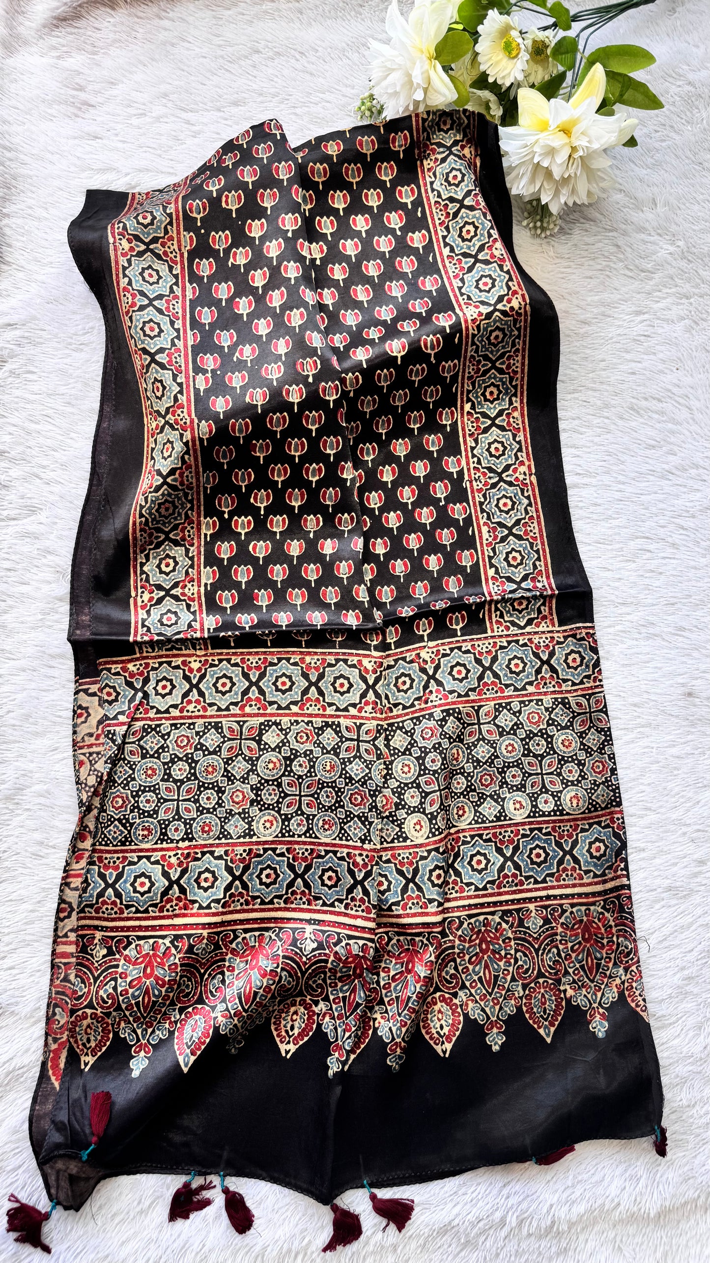Black Shade Kamal Buta Motif Ajrakh Hand Block Print Mashru Silk Stole with Tassels