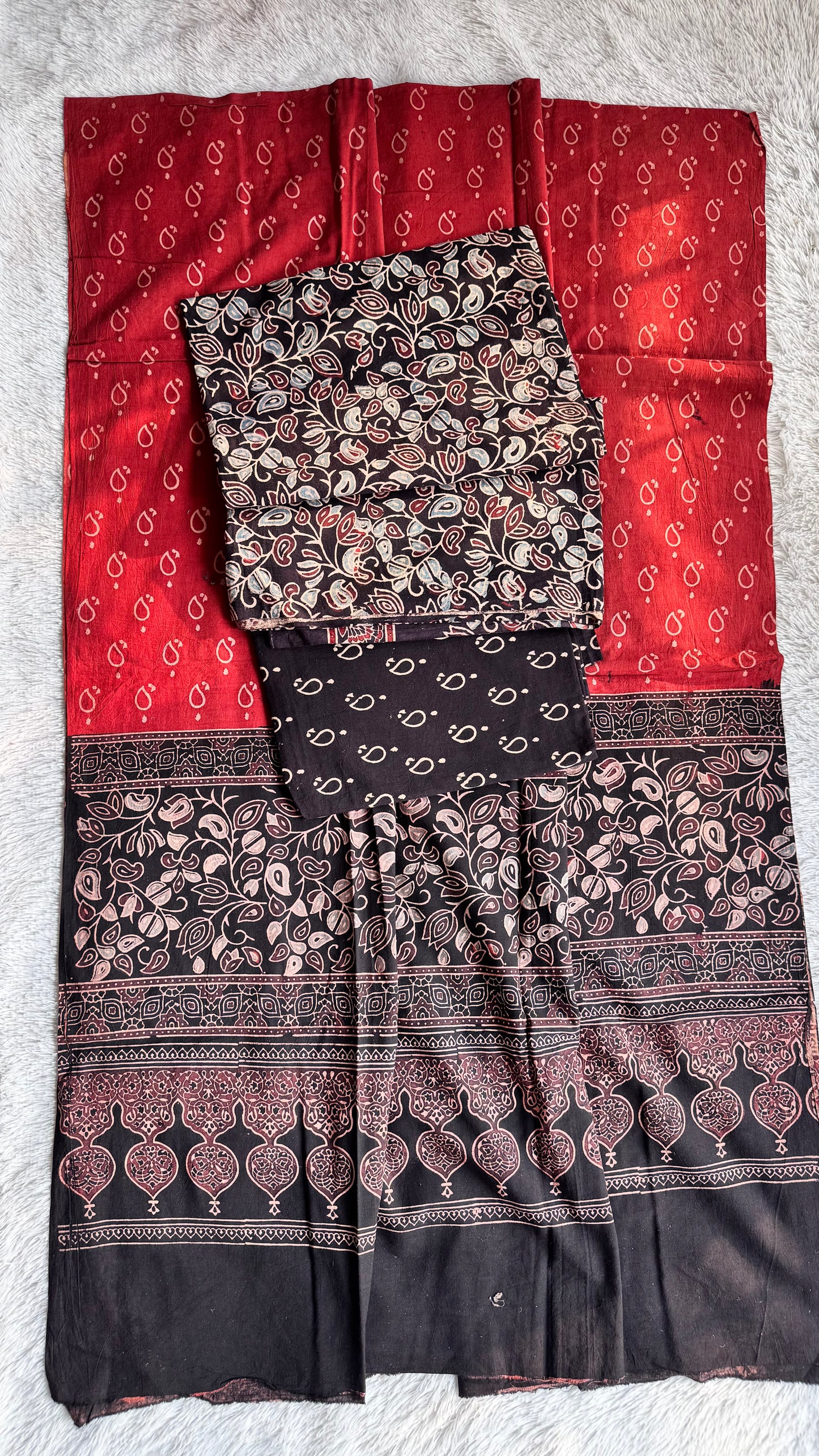 Black and Red Floral Booti Motif Ajrakh Unstitched Pure Cotton Suit Set with Cotton Dupatta