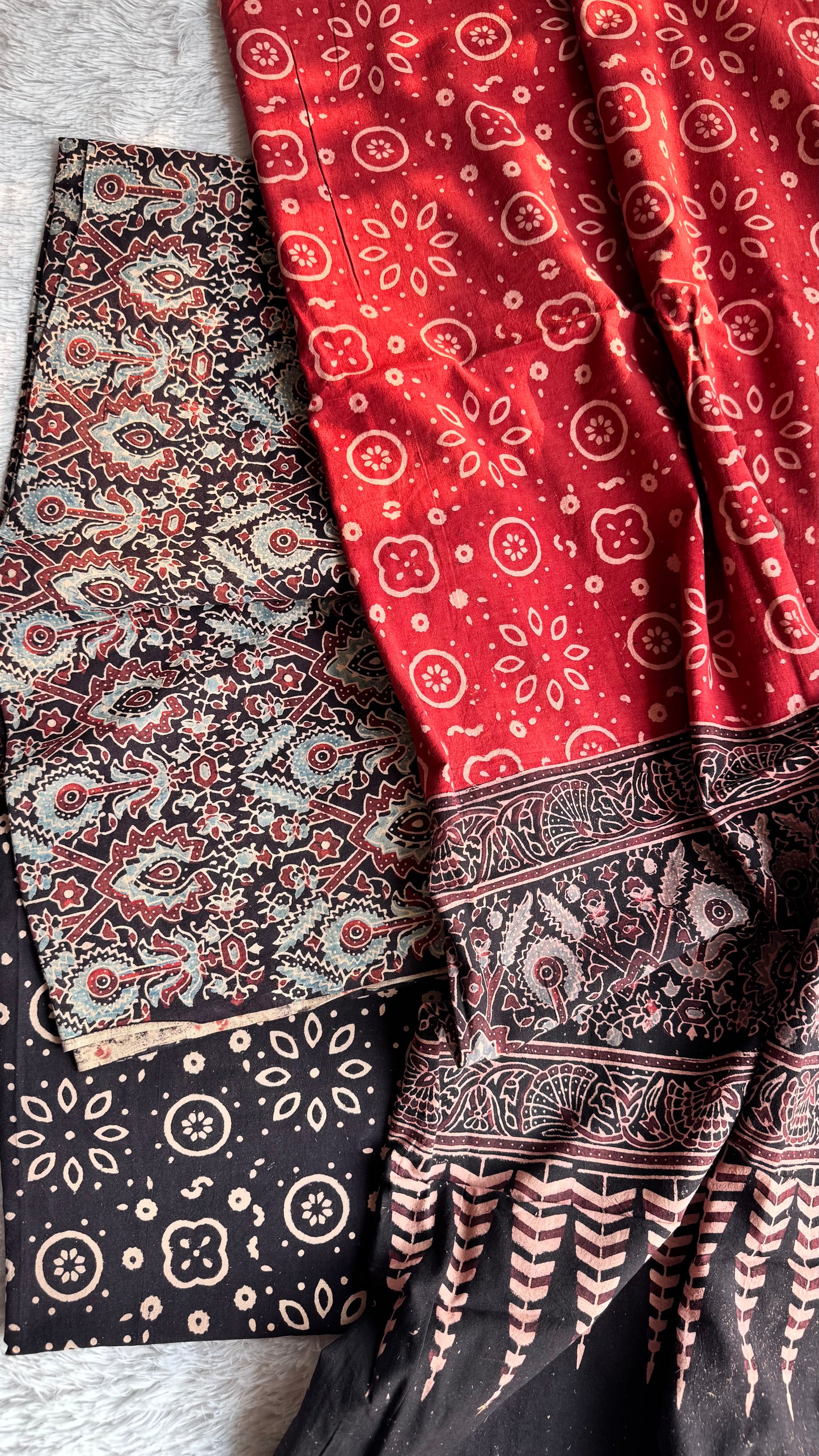 Brick Red Abstract Buti Motif Ajrakh Unstitched Pure Cotton Suit Set with Cotton Dupatta