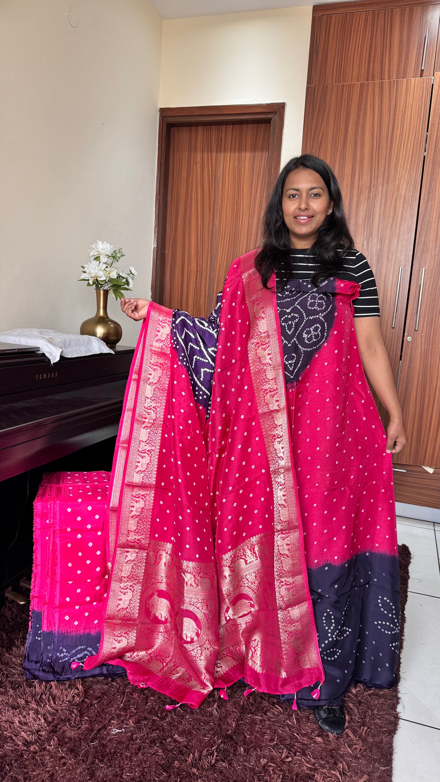 Gajari Red and Blue Bandhej Pure Dola Silk Ajrakh Hand Block Print 3 pc Suit Material Set with Menakari Yoke and Nakkashi Dupatta and Bottom