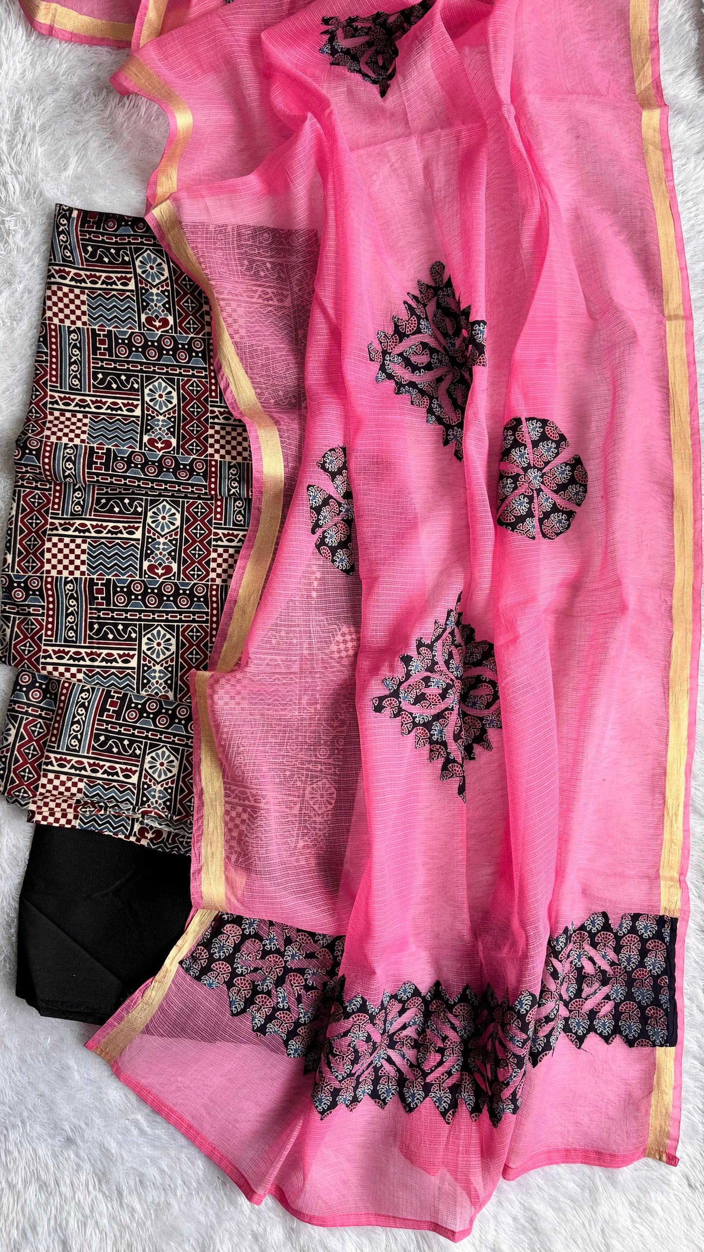Black Abstract Booti Pure Cotton Ajrakh Unstitched Suit Set with Ajrakh Applique Kota Dupatta