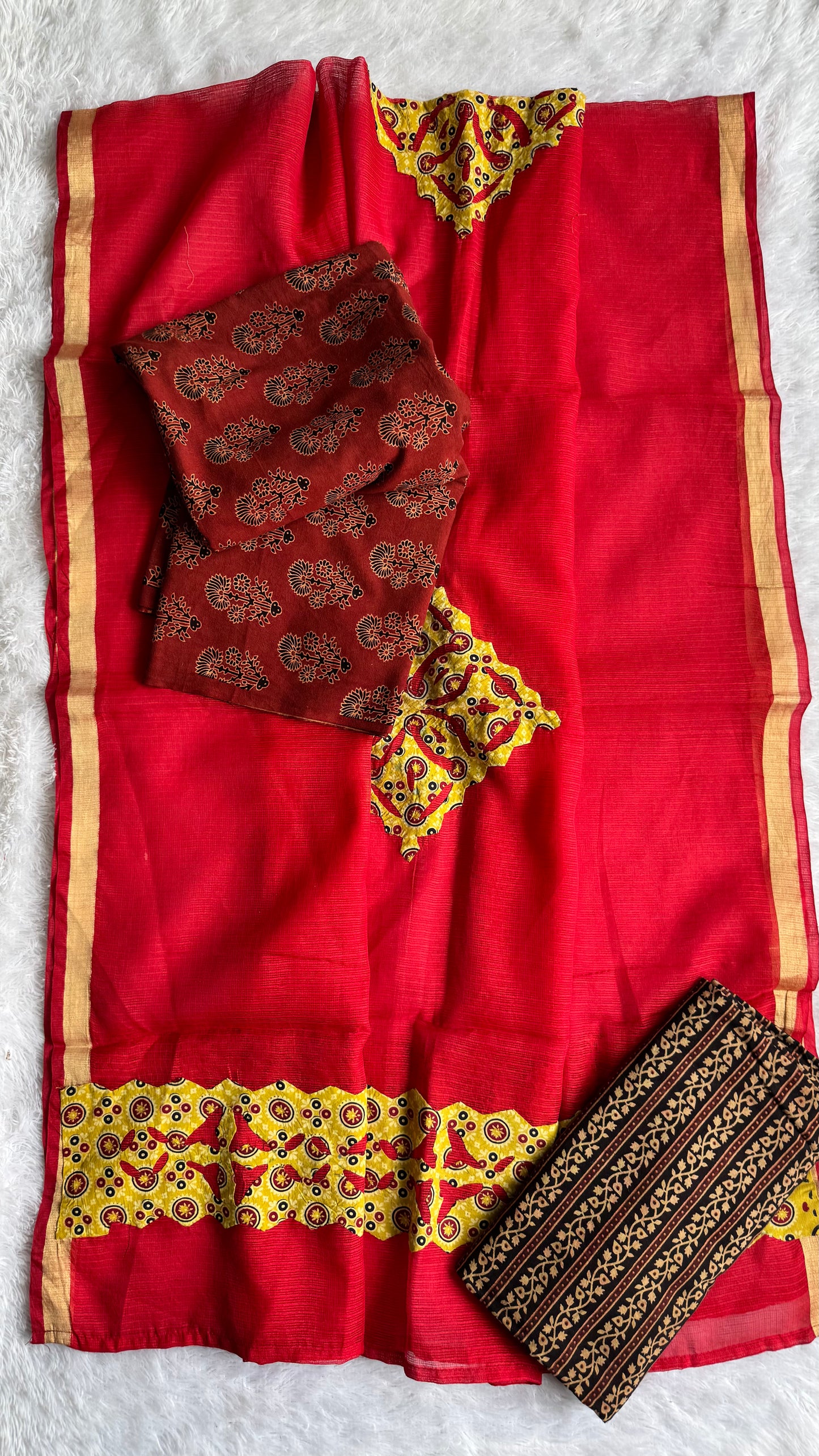 Red and Black Mugal Booti Pure Cotton Ajrakh Unstitched Suit Set with Ajrakh Applique Kota Dupatta