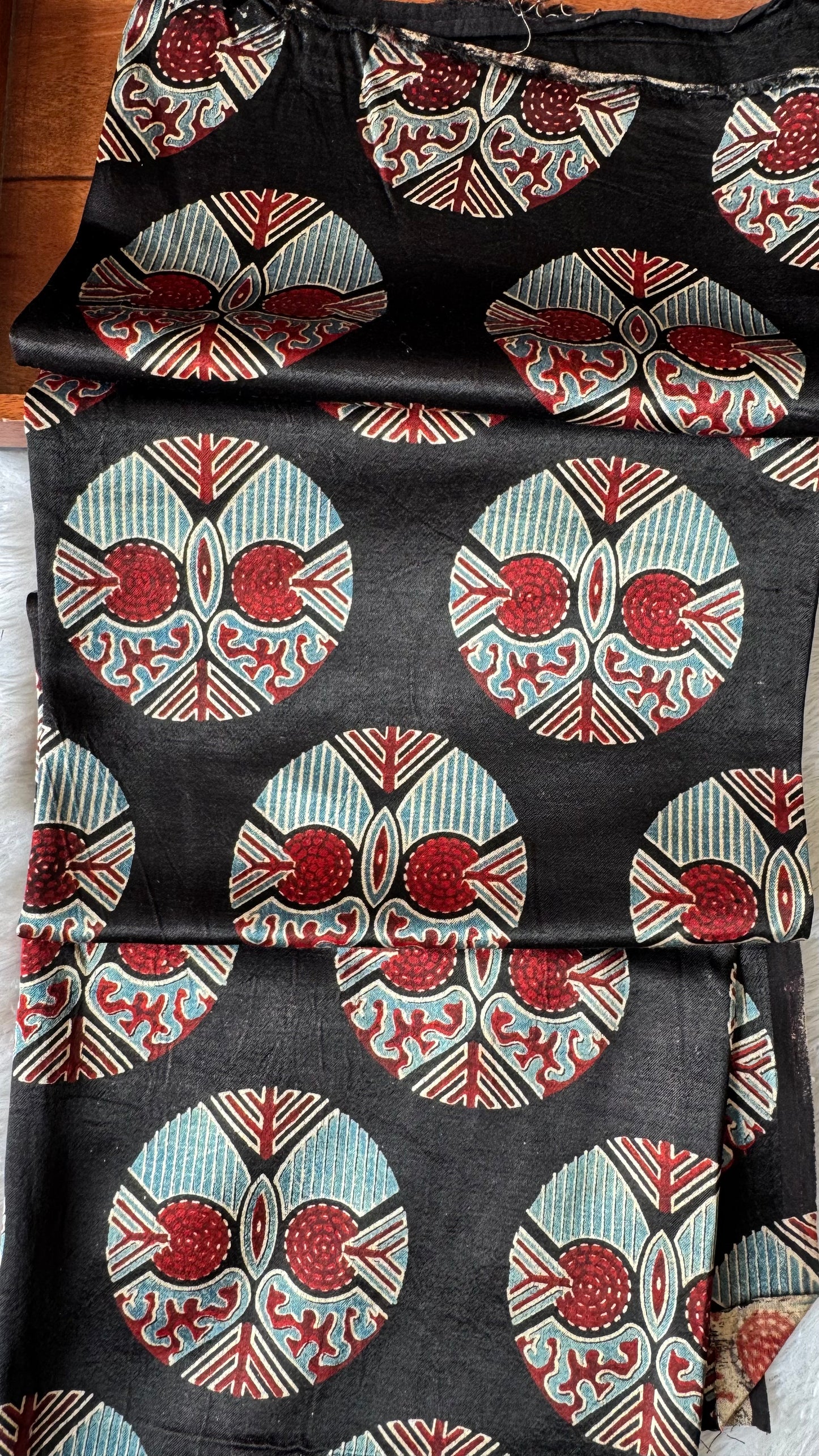 Black Base Red Circle Motif Mashru Silk Blouse Piece