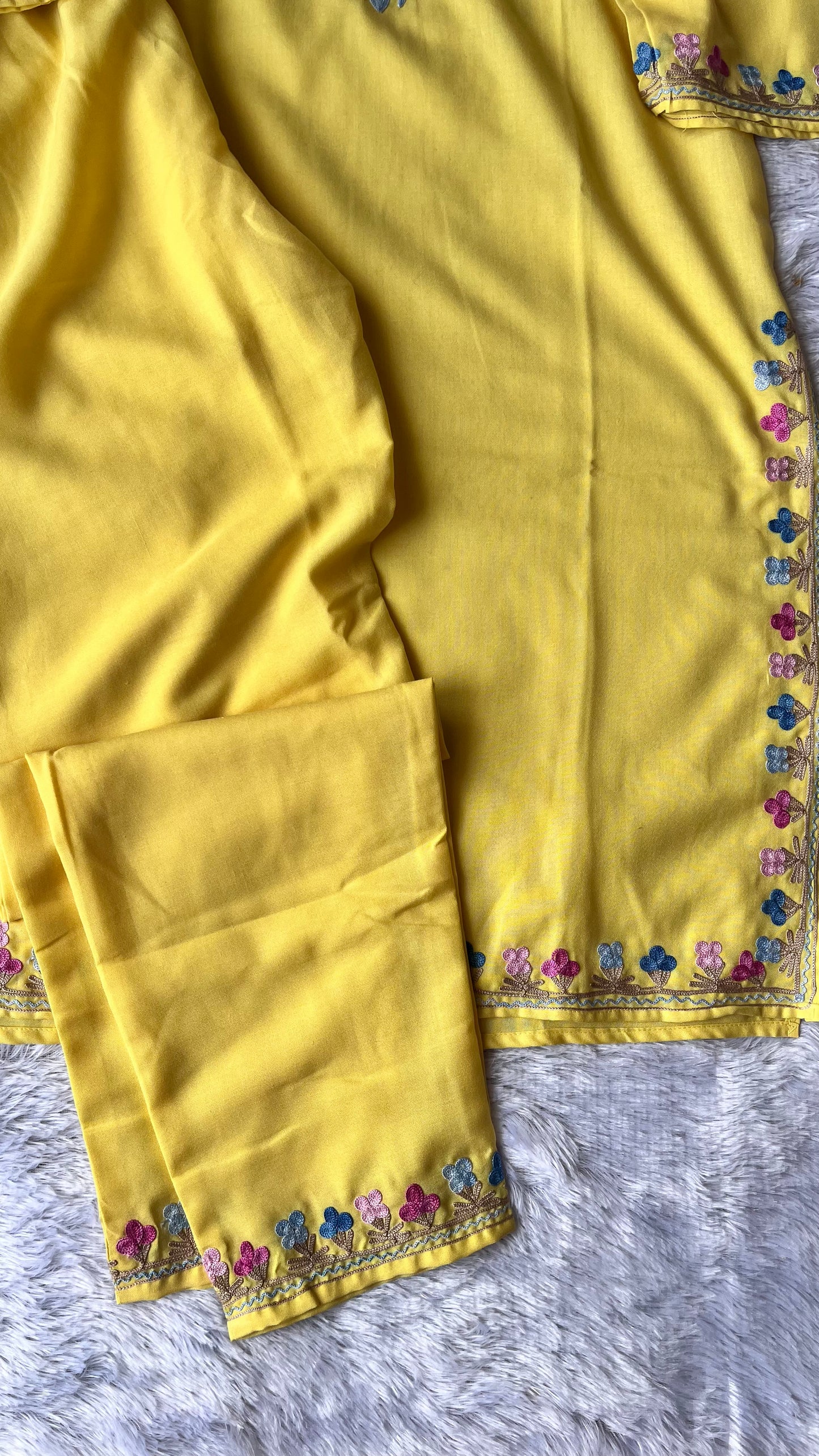 Yellow Rayon Cotton Kashmiri Hand Embroidery Co Ord Set ( Size 38, 40)