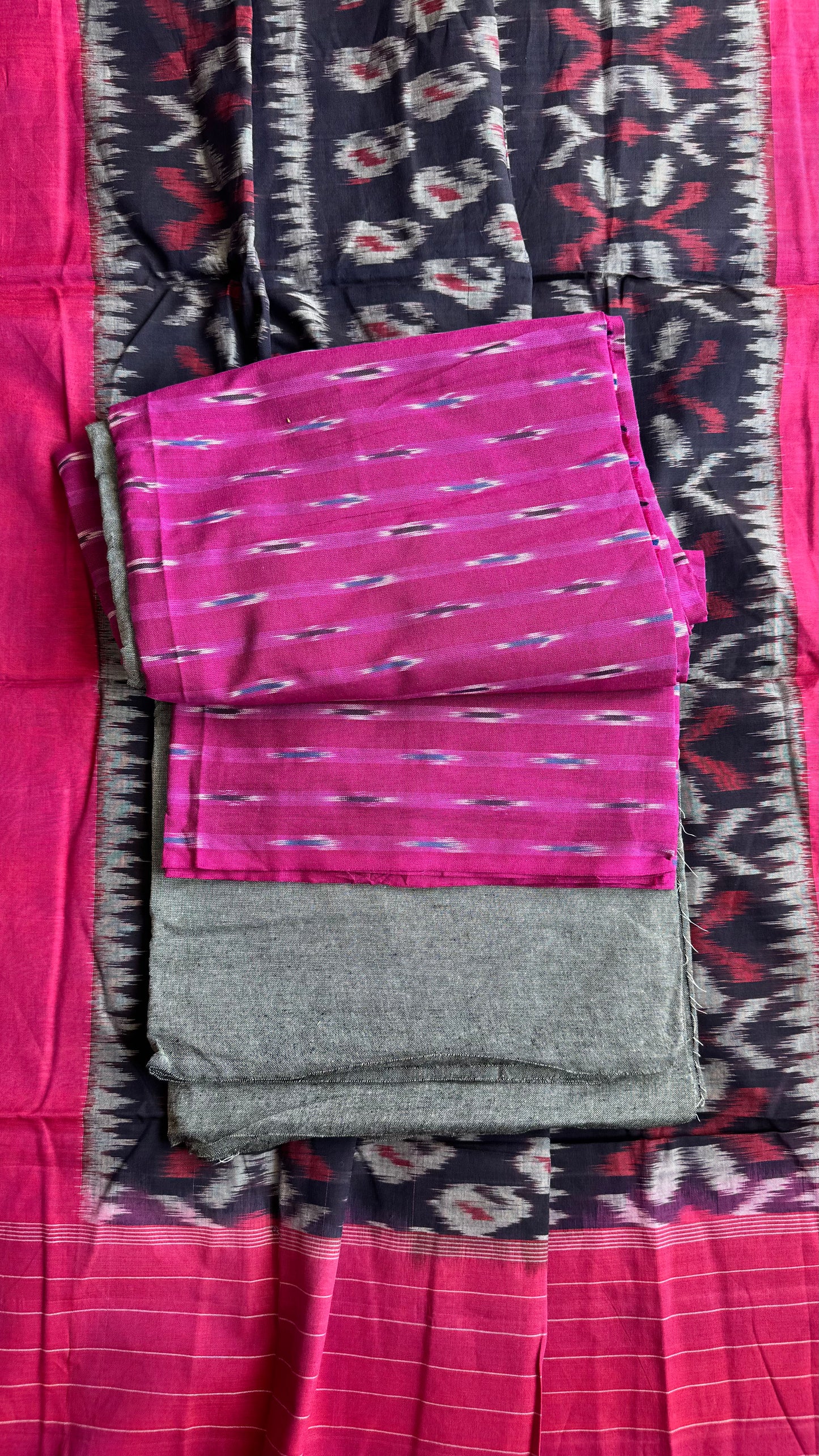 Pink and Blue Unstitched Handloom Cotton Pochampally Ikkat Dress Material