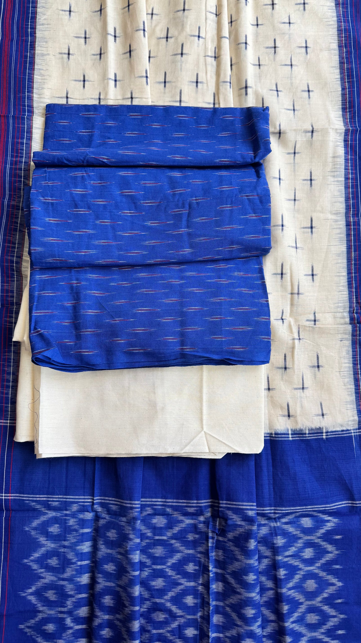 Blue and Off White Unstitched Handloom Cotton Pochampally Ikkat Dress Material