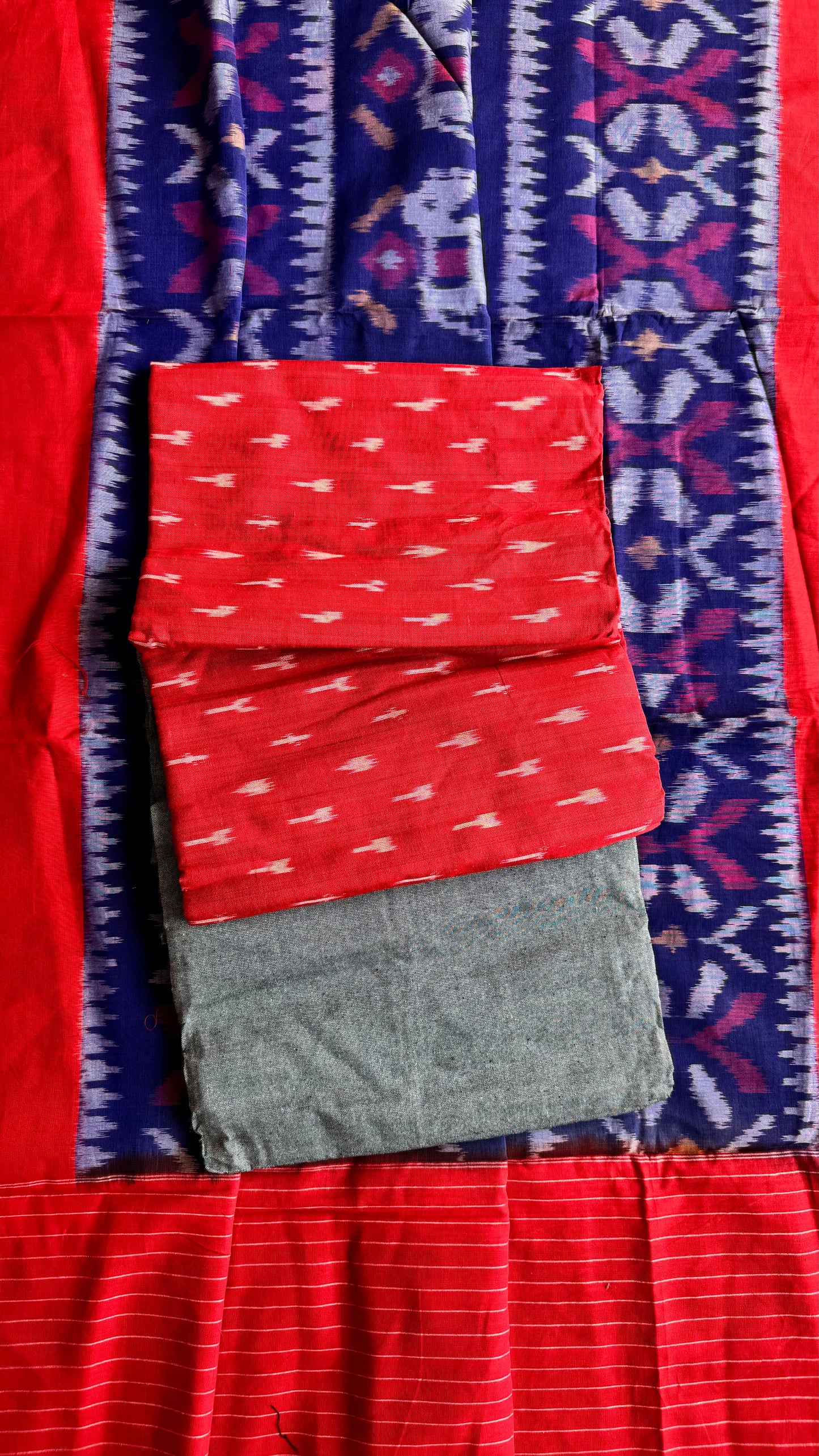Red and Blue Unstitched Handloom Cotton Pochampally Ikkat Dress Material