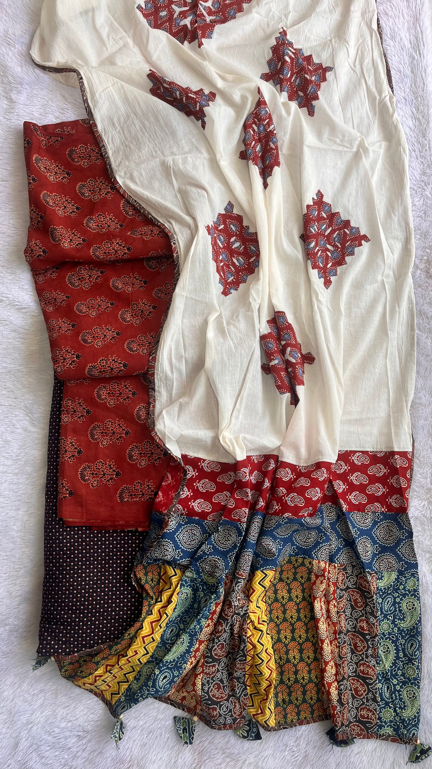 Maddar Red Mugal Buti Motif Ajrakh Unstitched Suit Set with Cotton Dupatta