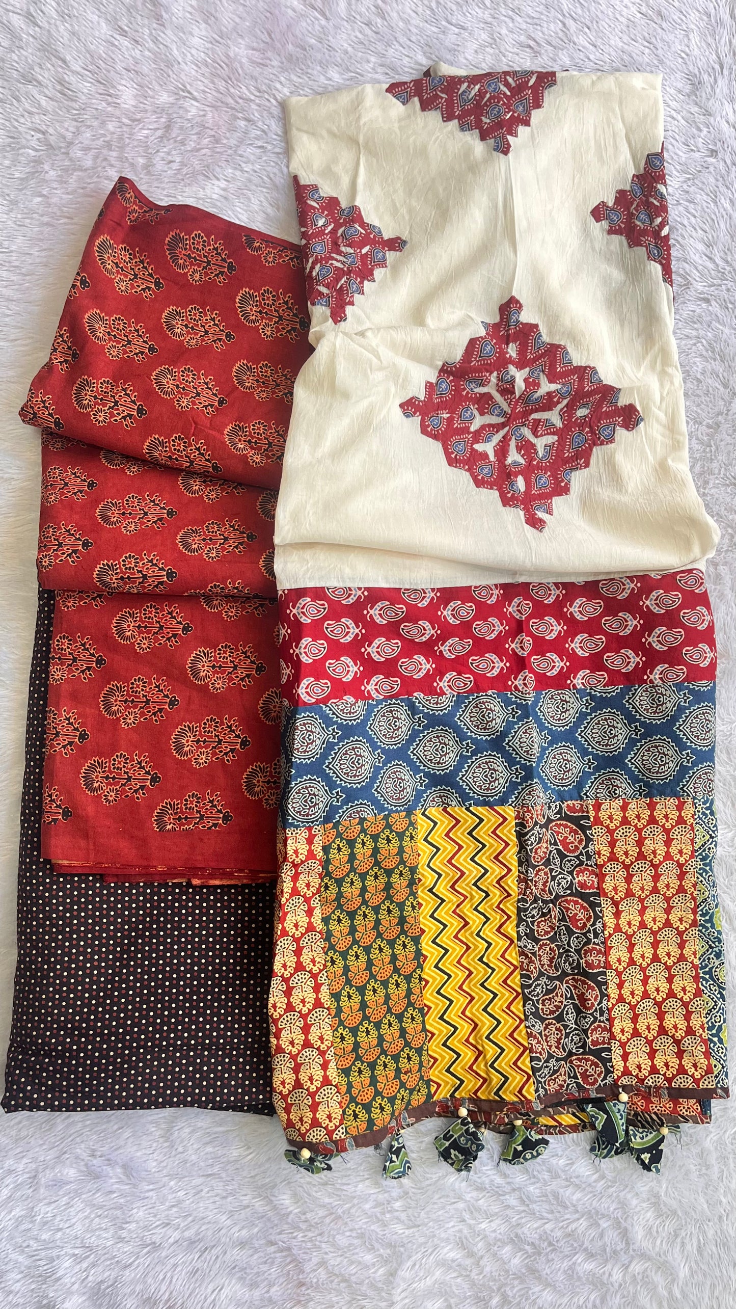 Maddar Red Mugal Buti Motif Ajrakh Unstitched Suit Set with Cotton Dupatta