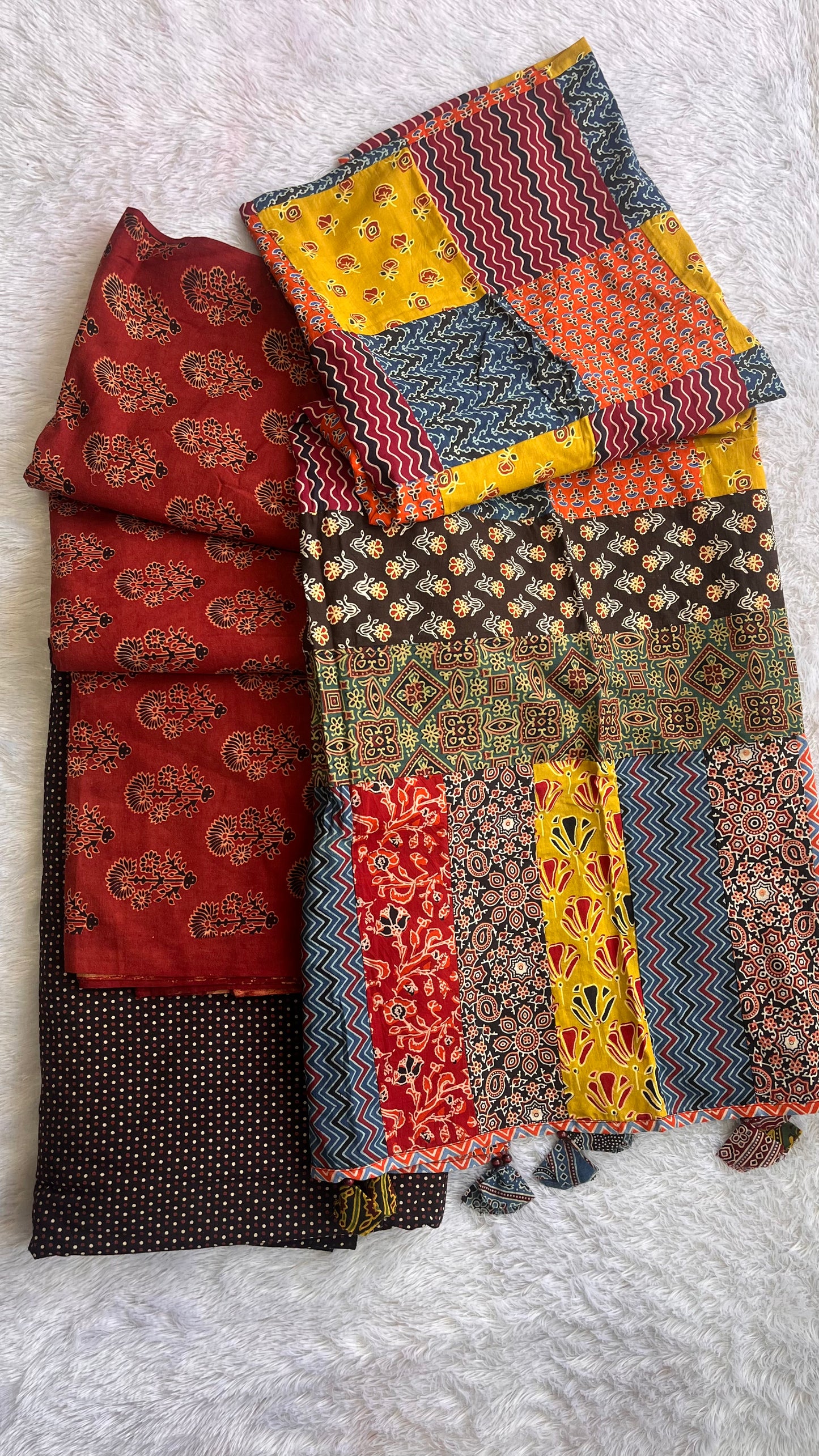 Maddar Red Mugal Buti Motif Ajrakh Unstitched Suit Set with Cotton Dupatta