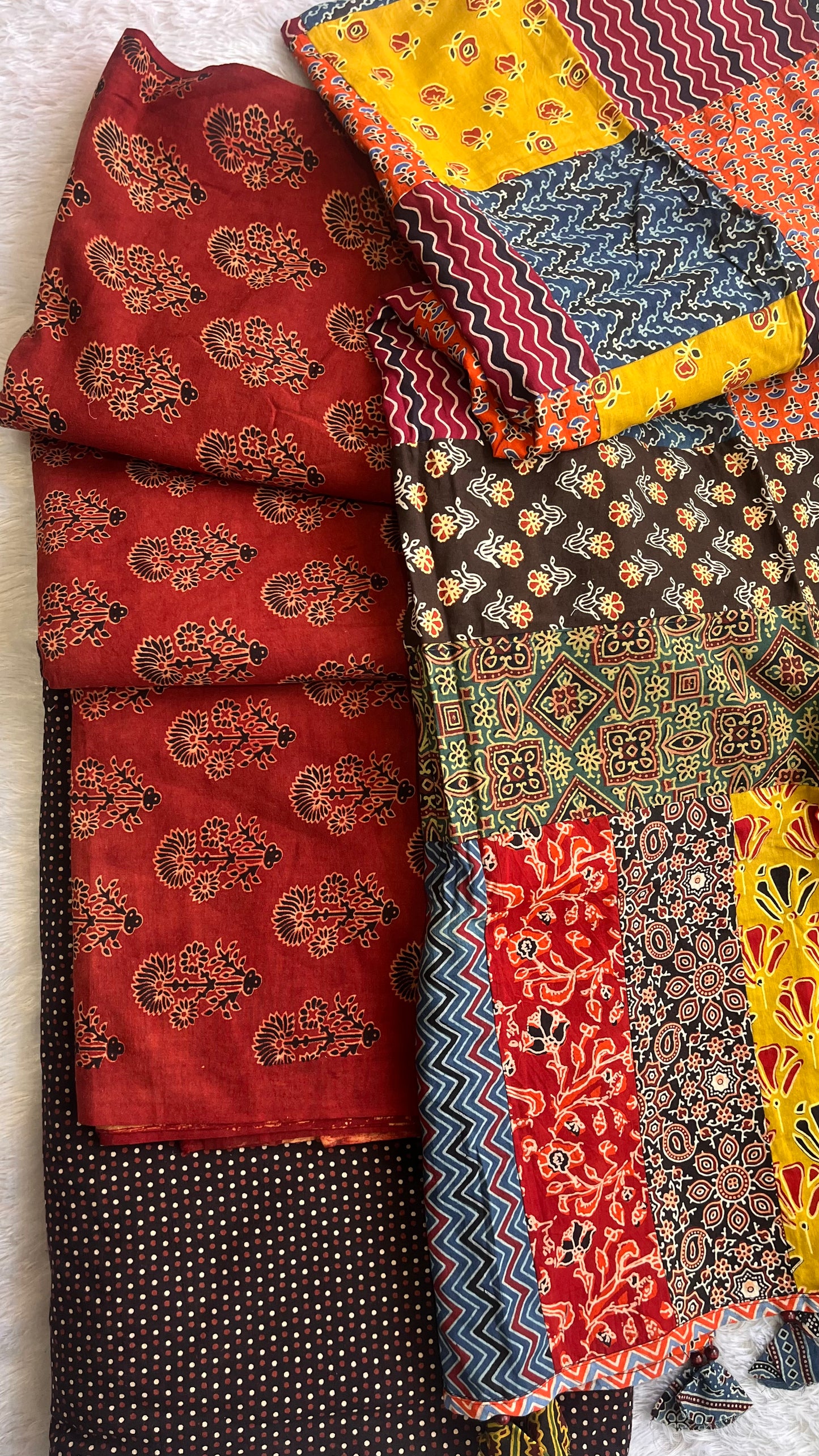 Maddar Red Mugal Buti Motif Ajrakh Unstitched Suit Set with Cotton Dupatta
