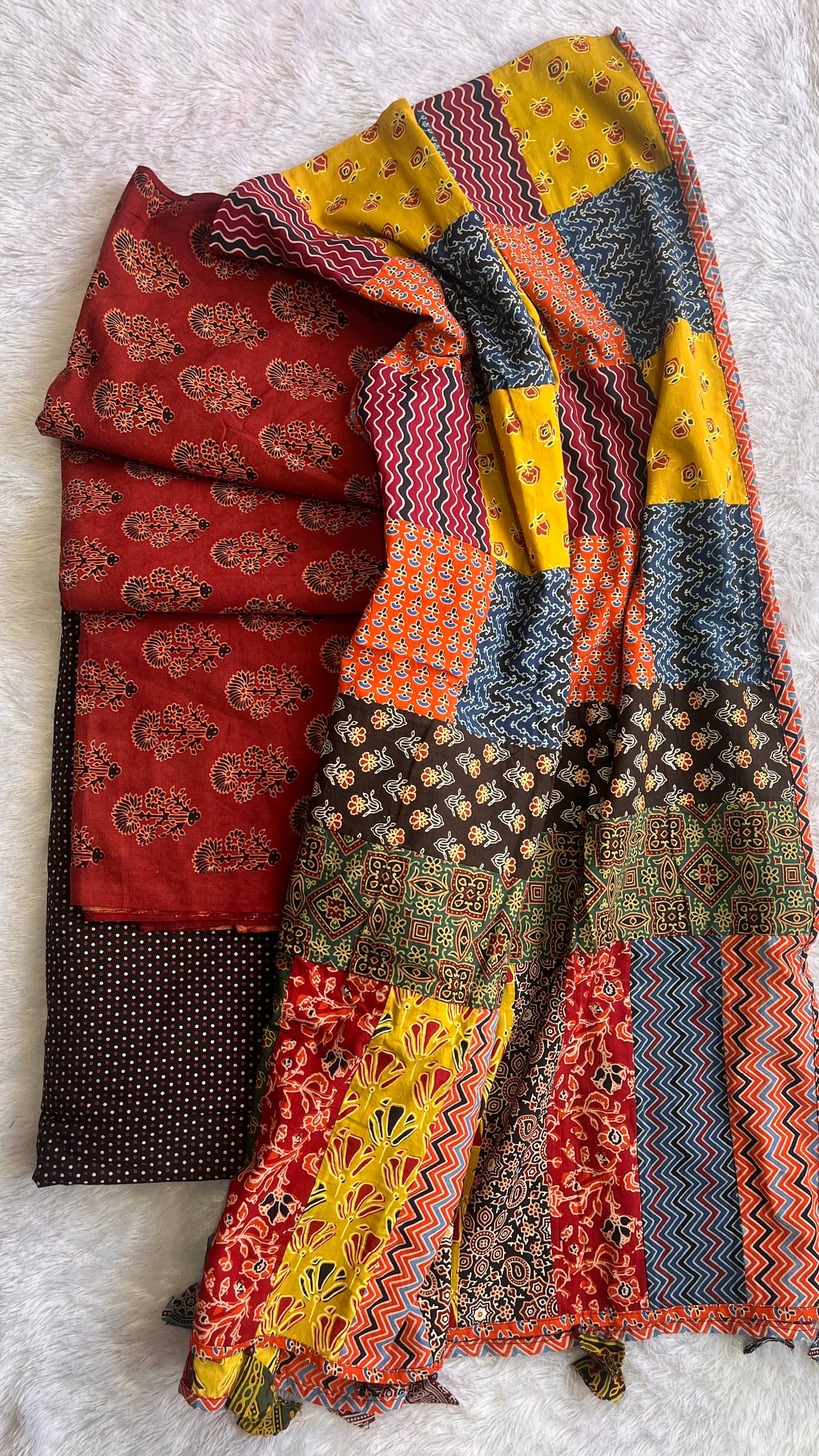 Maddar Red Mugal Buti Motif Ajrakh Unstitched Suit Set with Cotton Dupatta