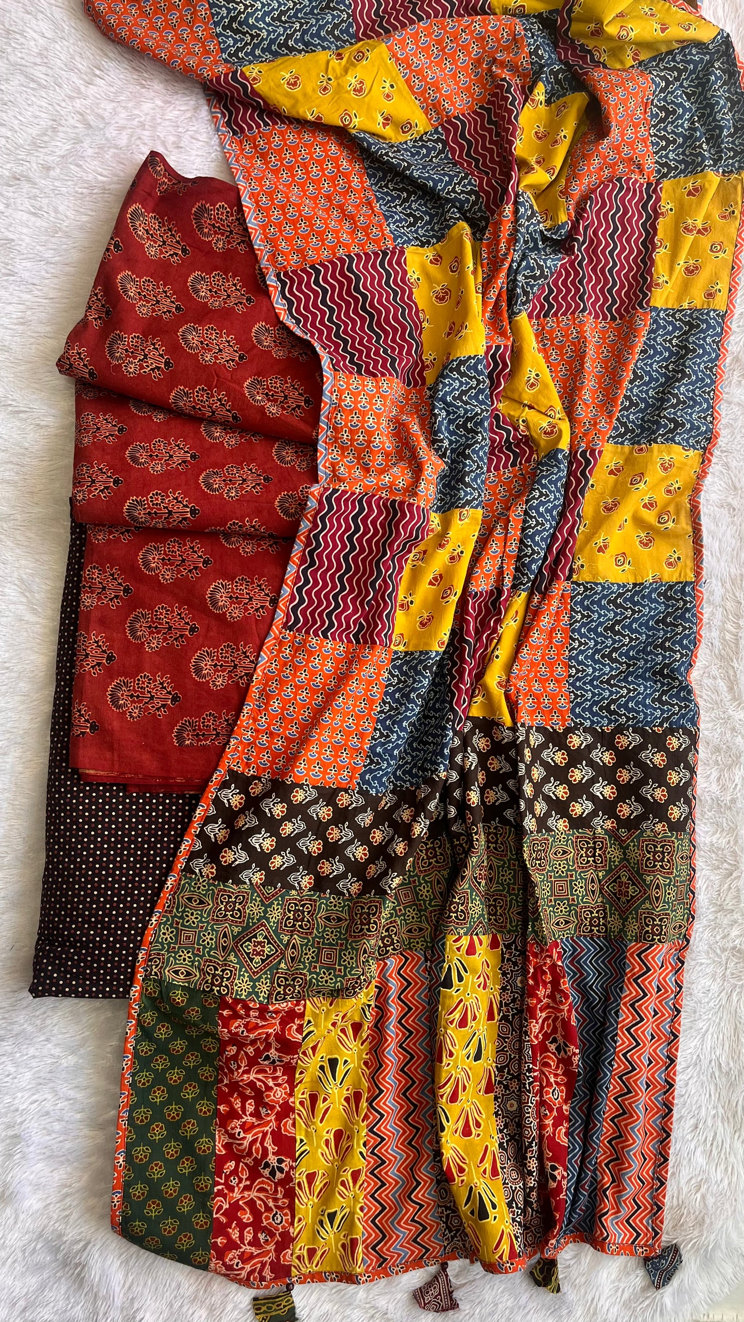 Maddar Red Mugal Buti Motif Ajrakh Unstitched Suit Set with Cotton Dupatta