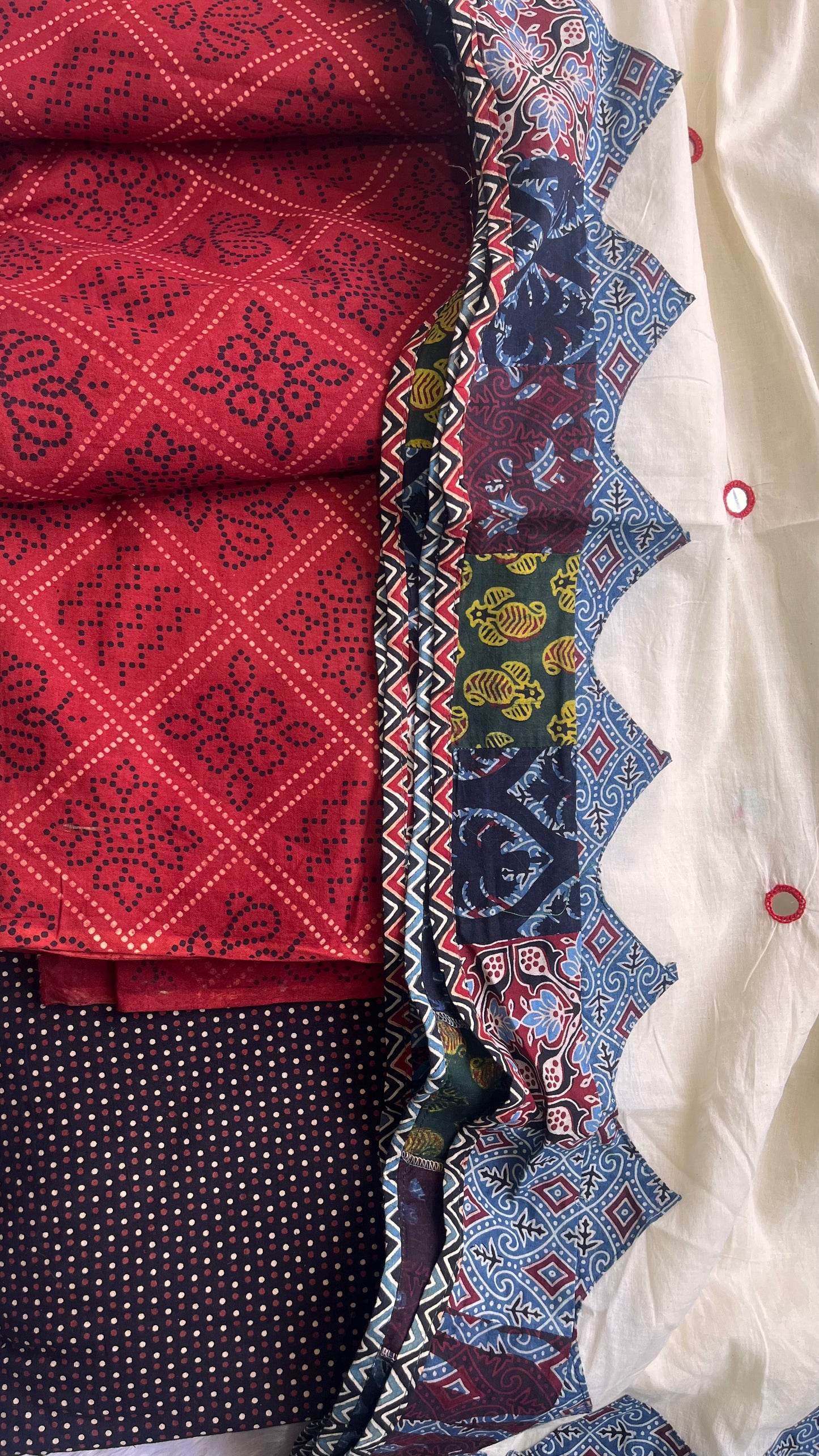 Maddar Red Bandhej Dot Motif Ajrakh Unstitched Suit Set with Cotton Dupatta