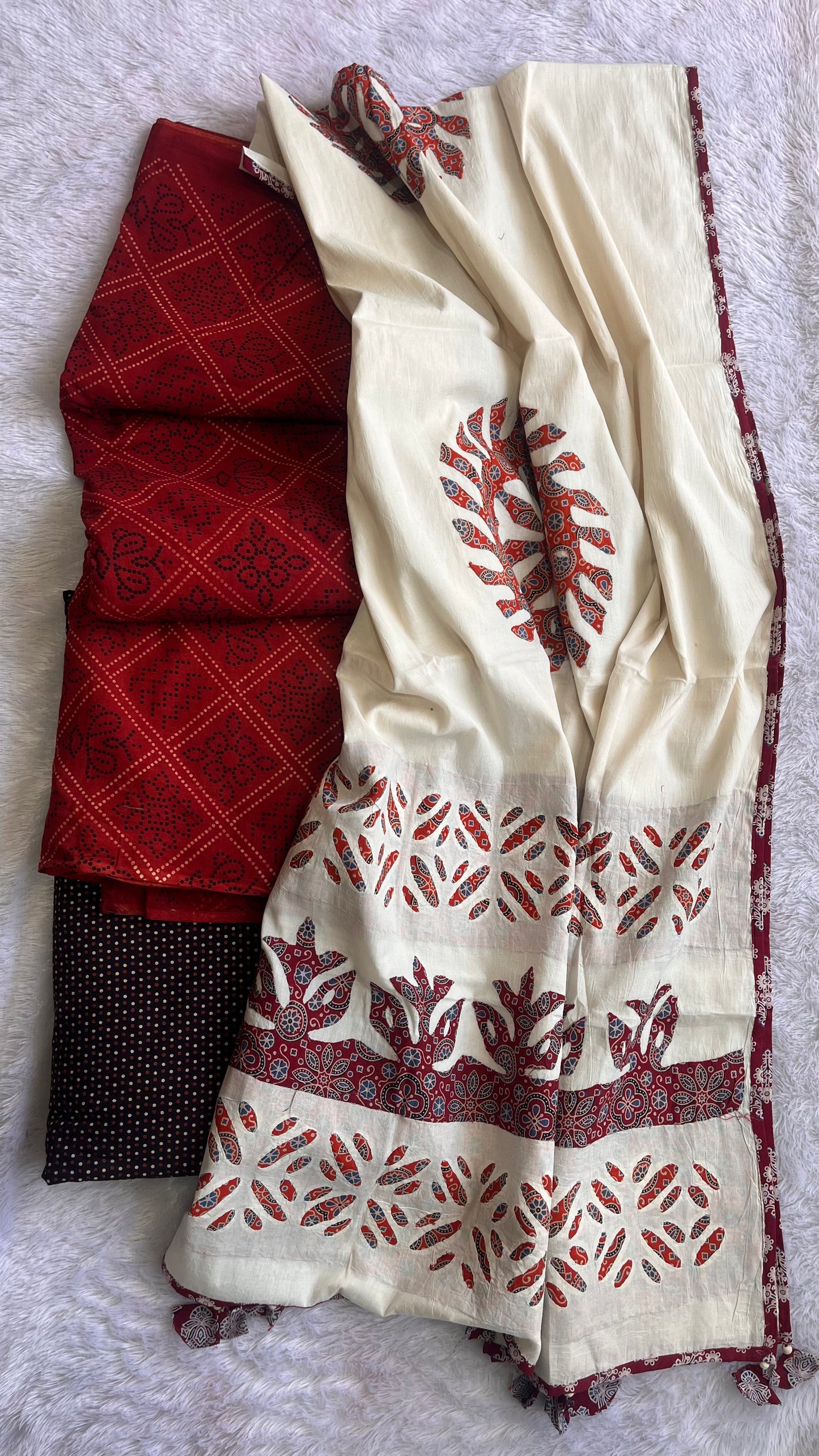 Maddar Red Bandhej Dot Motif Ajrakh Unstitched Suit Set with Cotton Dupatta