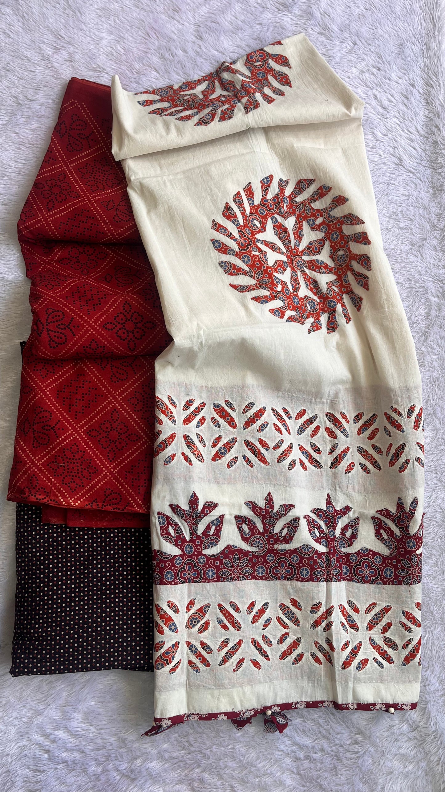Maddar Red Bandhej Dot Motif Ajrakh Unstitched Suit Set with Cotton Dupatta