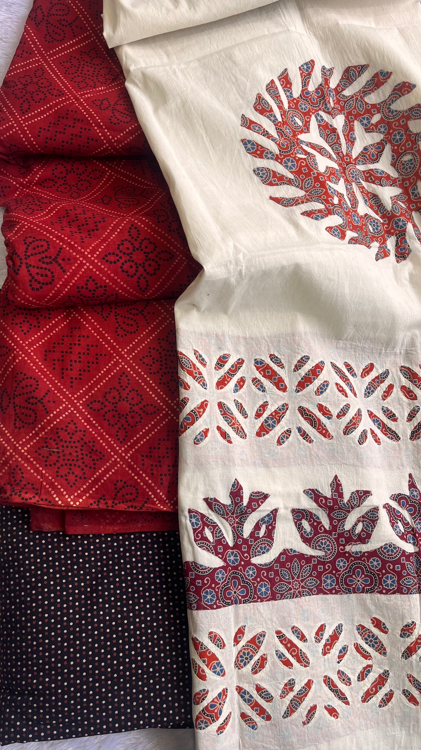 Maddar Red Bandhej Dot Motif Ajrakh Unstitched Suit Set with Cotton Dupatta