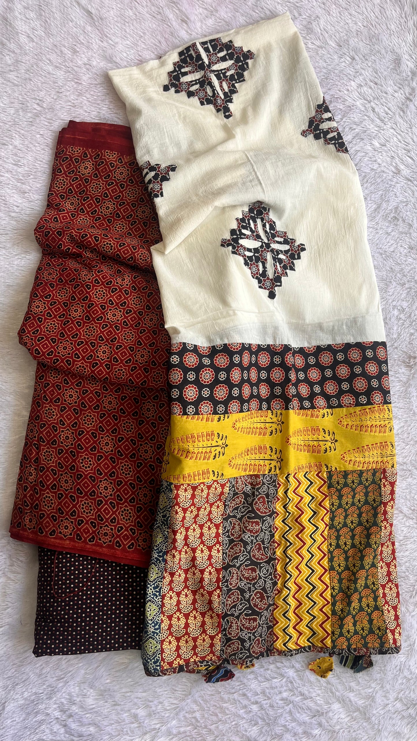Red and Black Ajrakh Unstitched Suit Set with Cotton Applique Work Dupatta