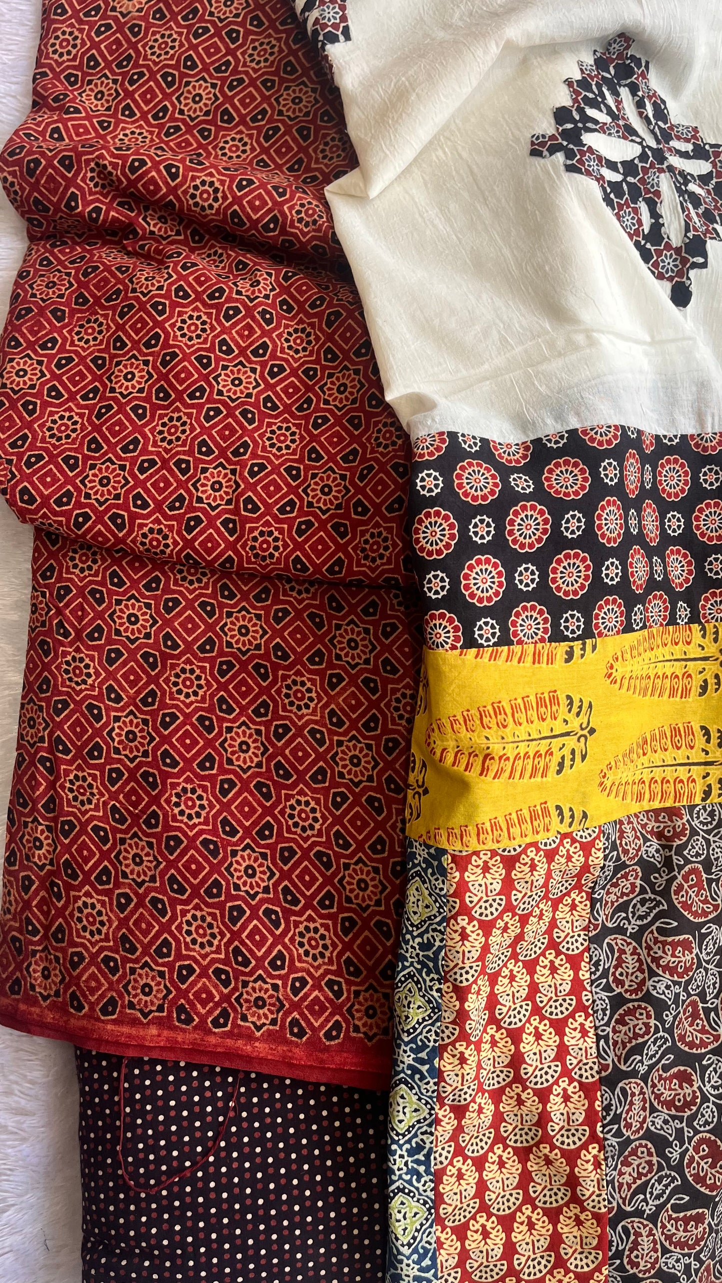 Red and Black Ajrakh Unstitched Suit Set with Cotton Applique Work Dupatta