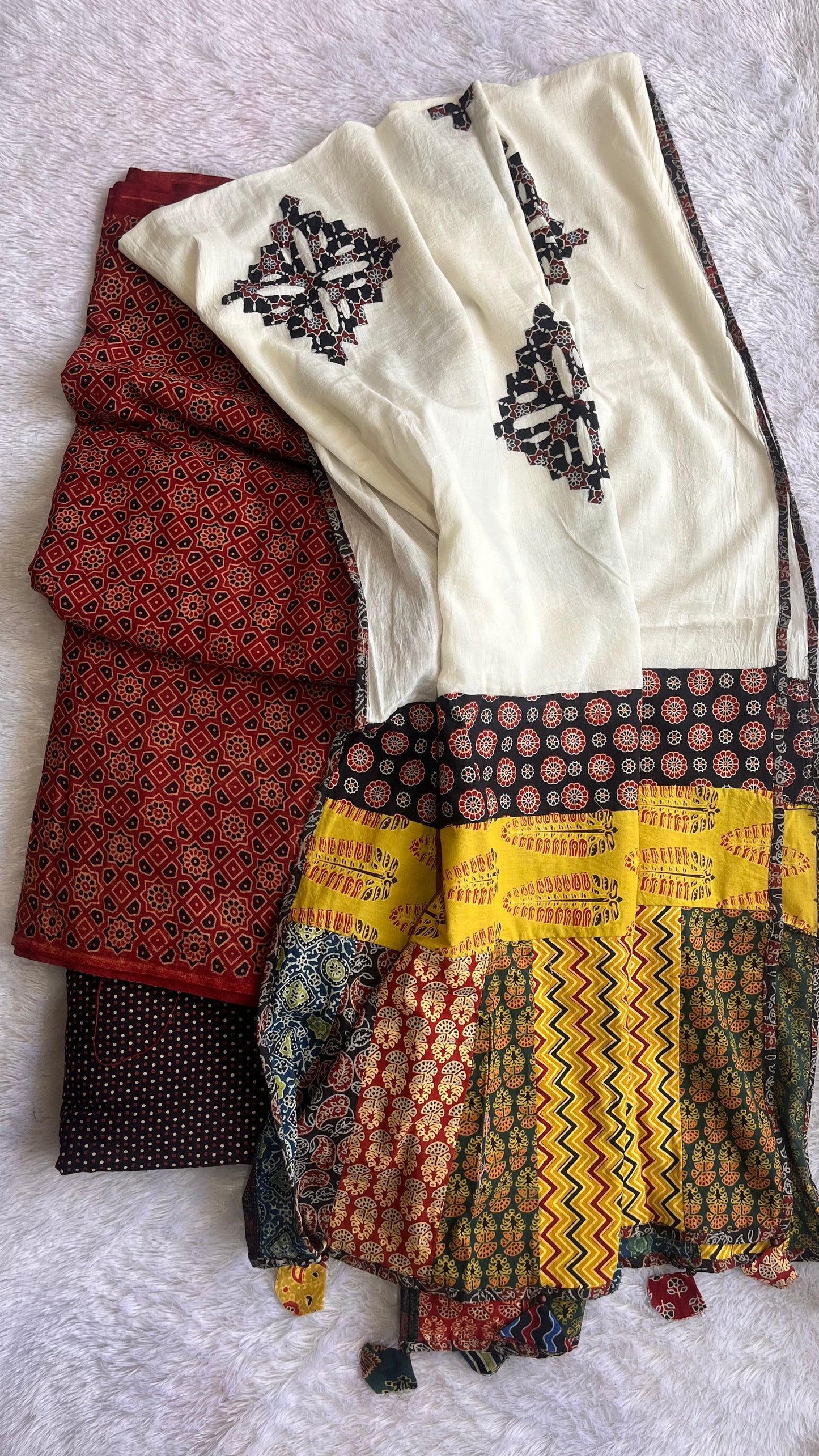 Red and Black Ajrakh Unstitched Suit Set with Cotton Applique Work Dupatta