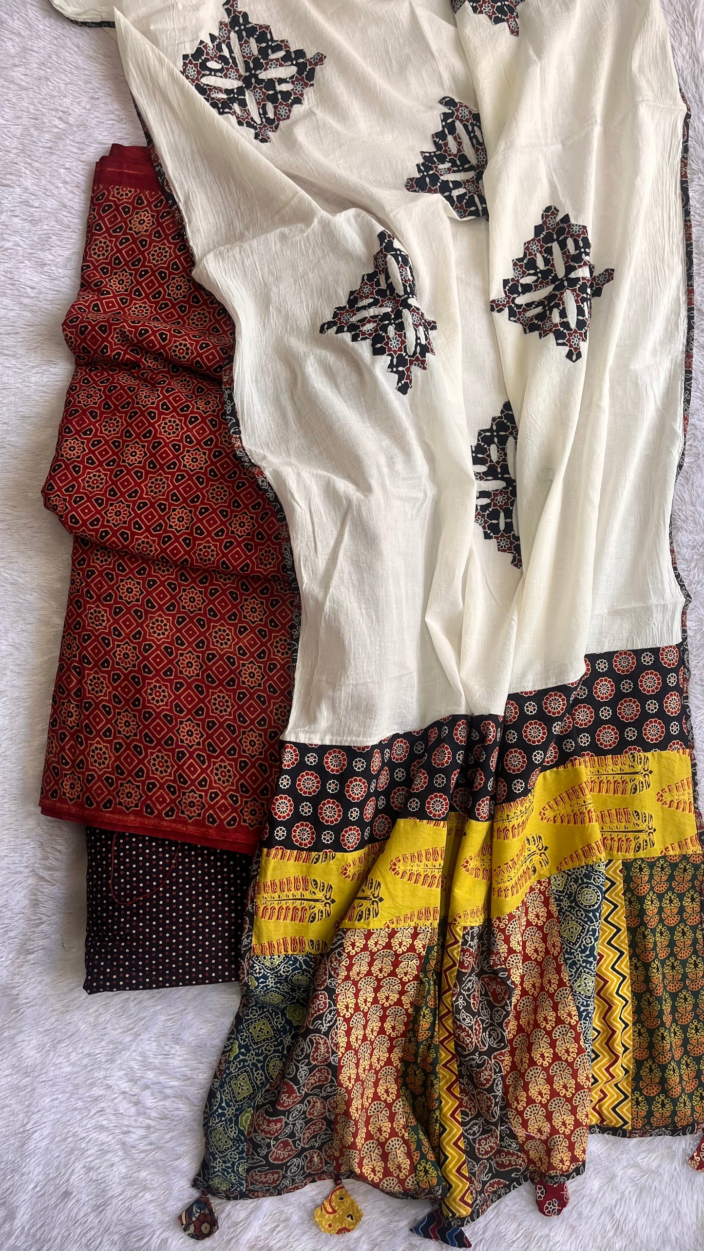 Red and Black Ajrakh Unstitched Suit Set with Cotton Applique Work Dupatta