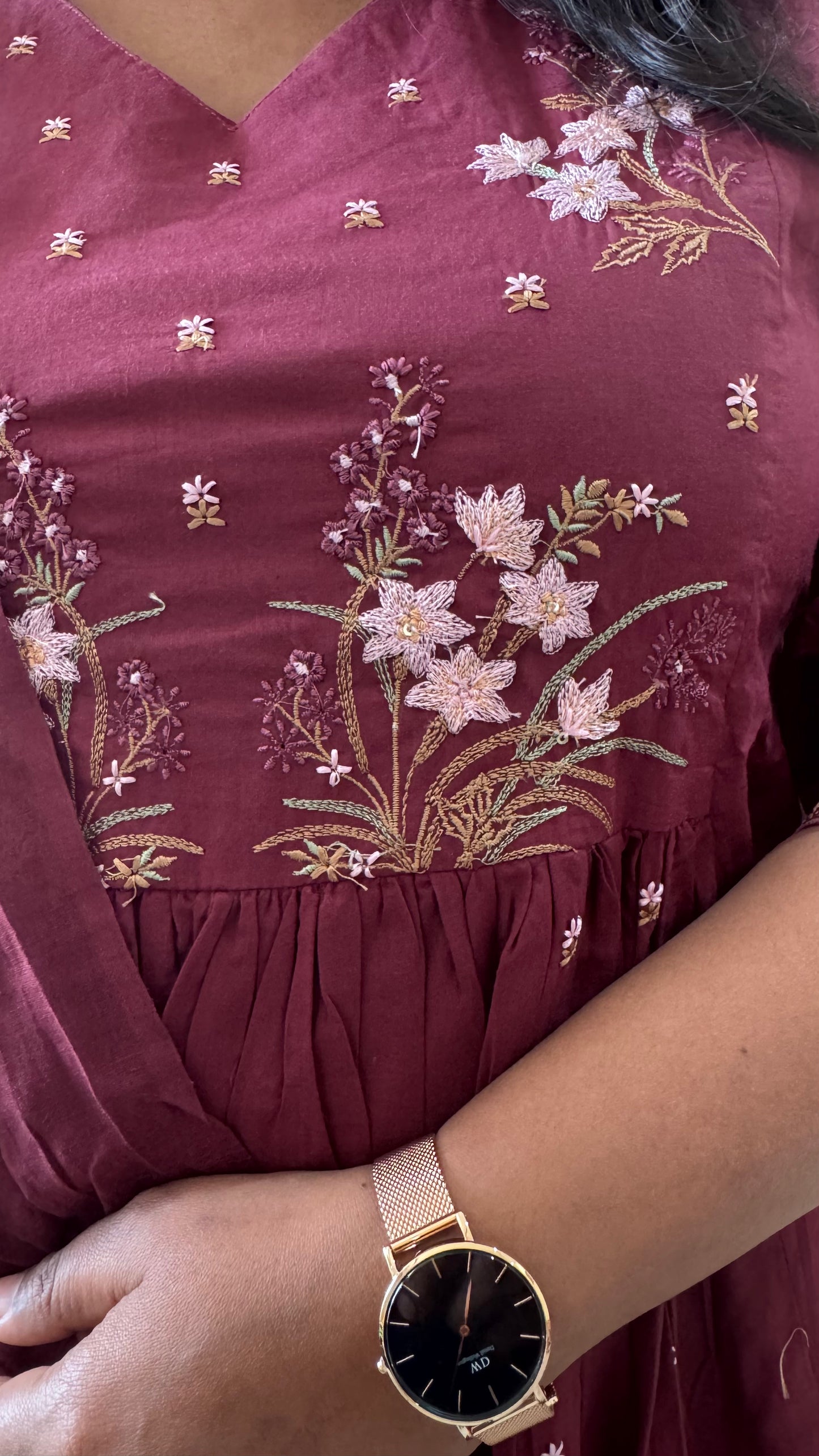 Maroon Floral Print Pure Cotton Suit Set with Embroidered Yoke