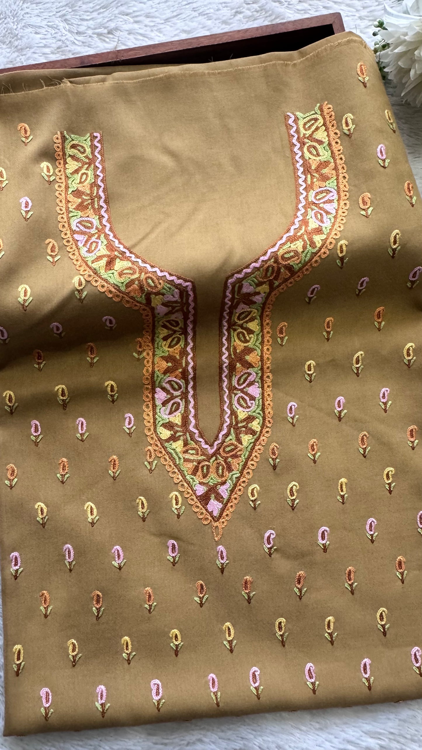 Biscuit Shade with Multicoloured Thread work Pure Cotton Kashmiri Aari Embroidered Co Ord 2 pc Set