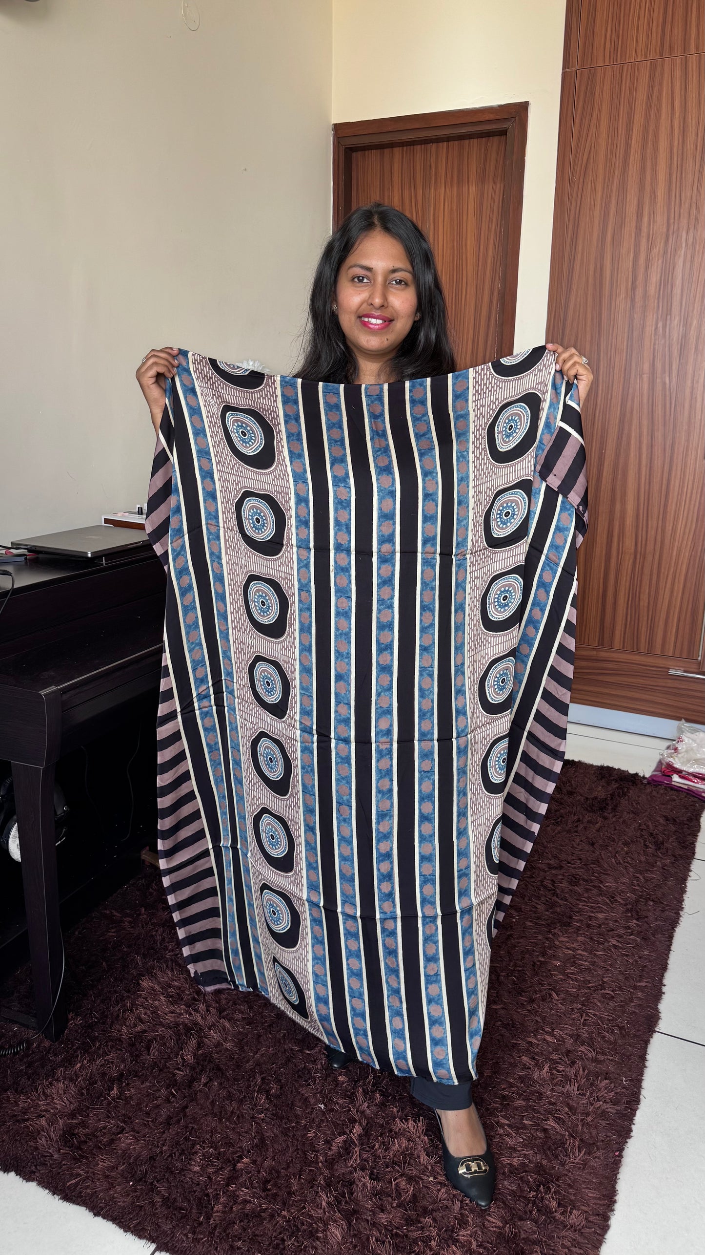 Black Blue Circle-Strips Motif Modal Silk Ajrakh Hand Block Print Designer Unstitched Fabric (Kurta Only)