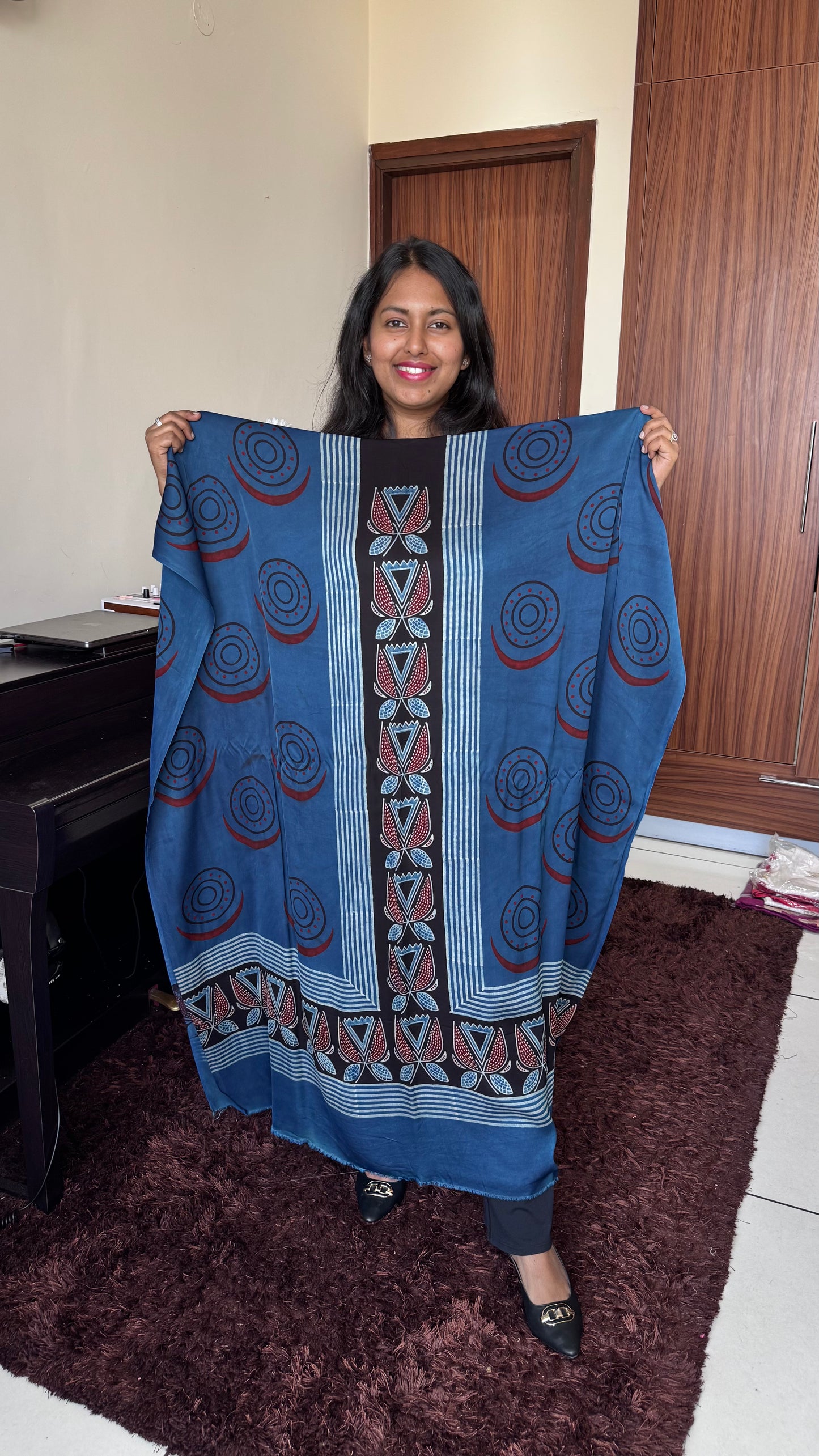 Blue Black Crescent Moon Circle Motif Modal Silk Ajrakh Hand Block Print Designer Unstitched Fabric (Kurta Only)