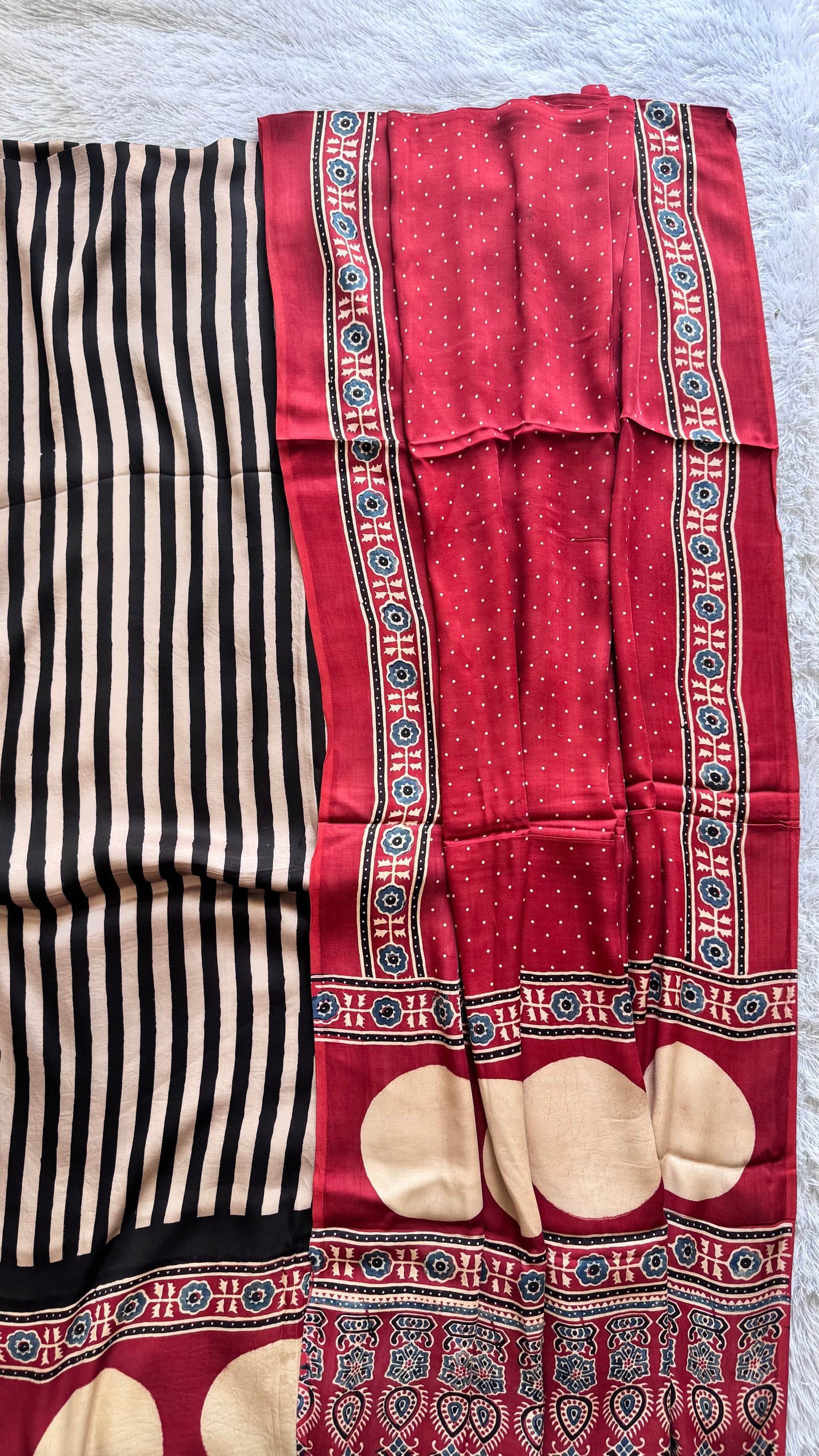 Red Black Strips Circle Motif Ajrakh Hand Block Print Modal Silk Suit Material