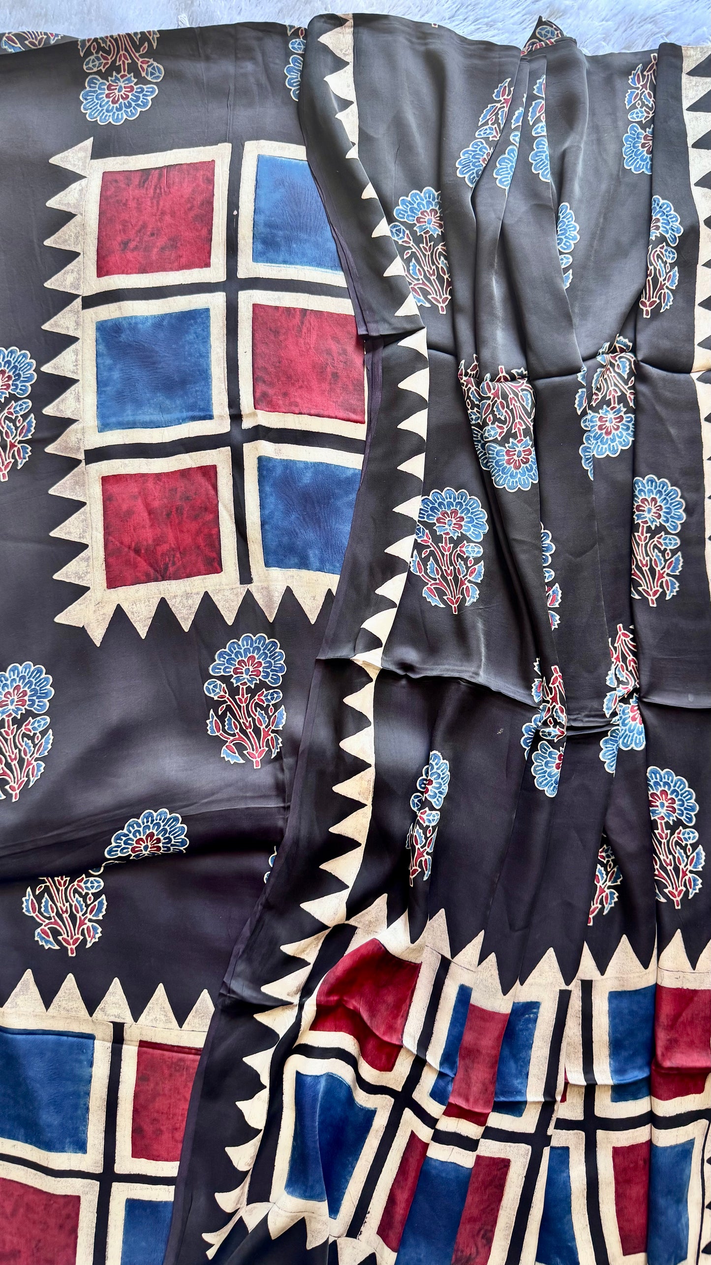 Black Blocks Foral Motif Ajrakh Hand Block Print 2 Piece Modal Silk Suit Material