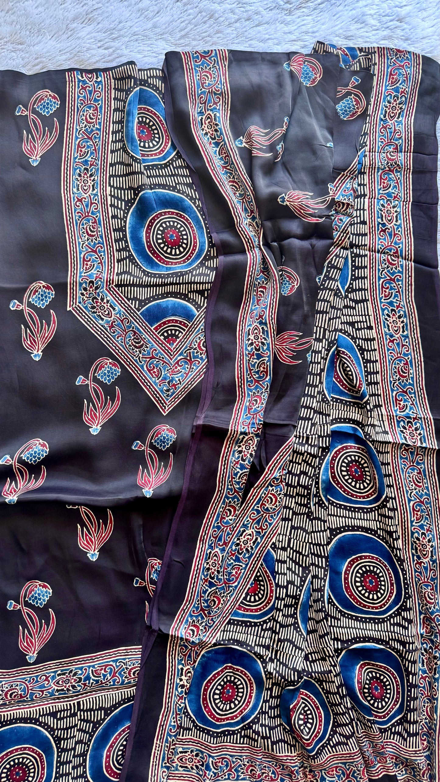 Black Foral Boota Motif Ajrakh Hand Block Print Modal Silk Suit Material