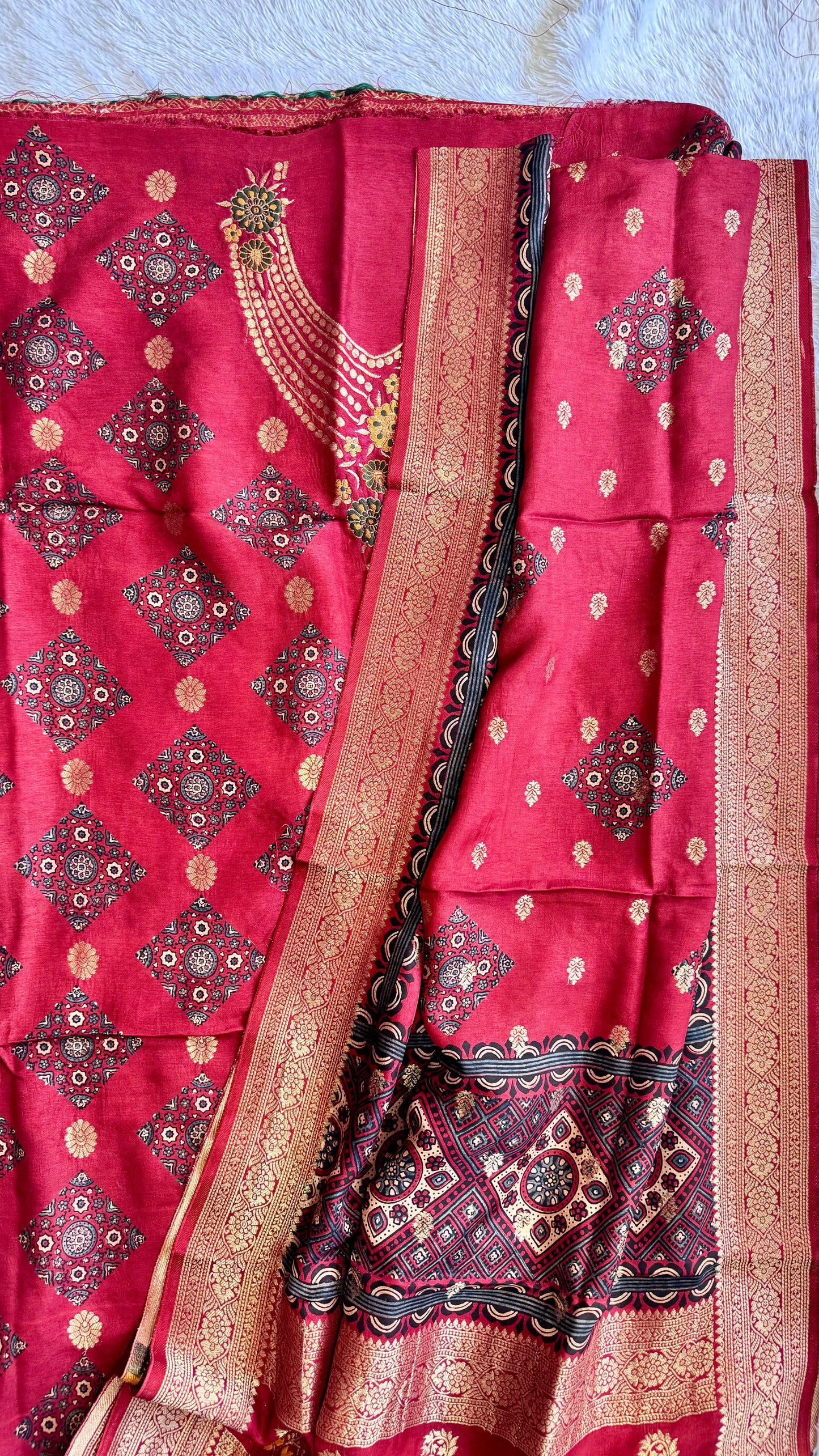 Red Diamond Floral Motif Pure Dola Silk Ajrakh Hand Block Print 2pc Suit Material Set with Zari Yoke and Nakkashi Dupatta