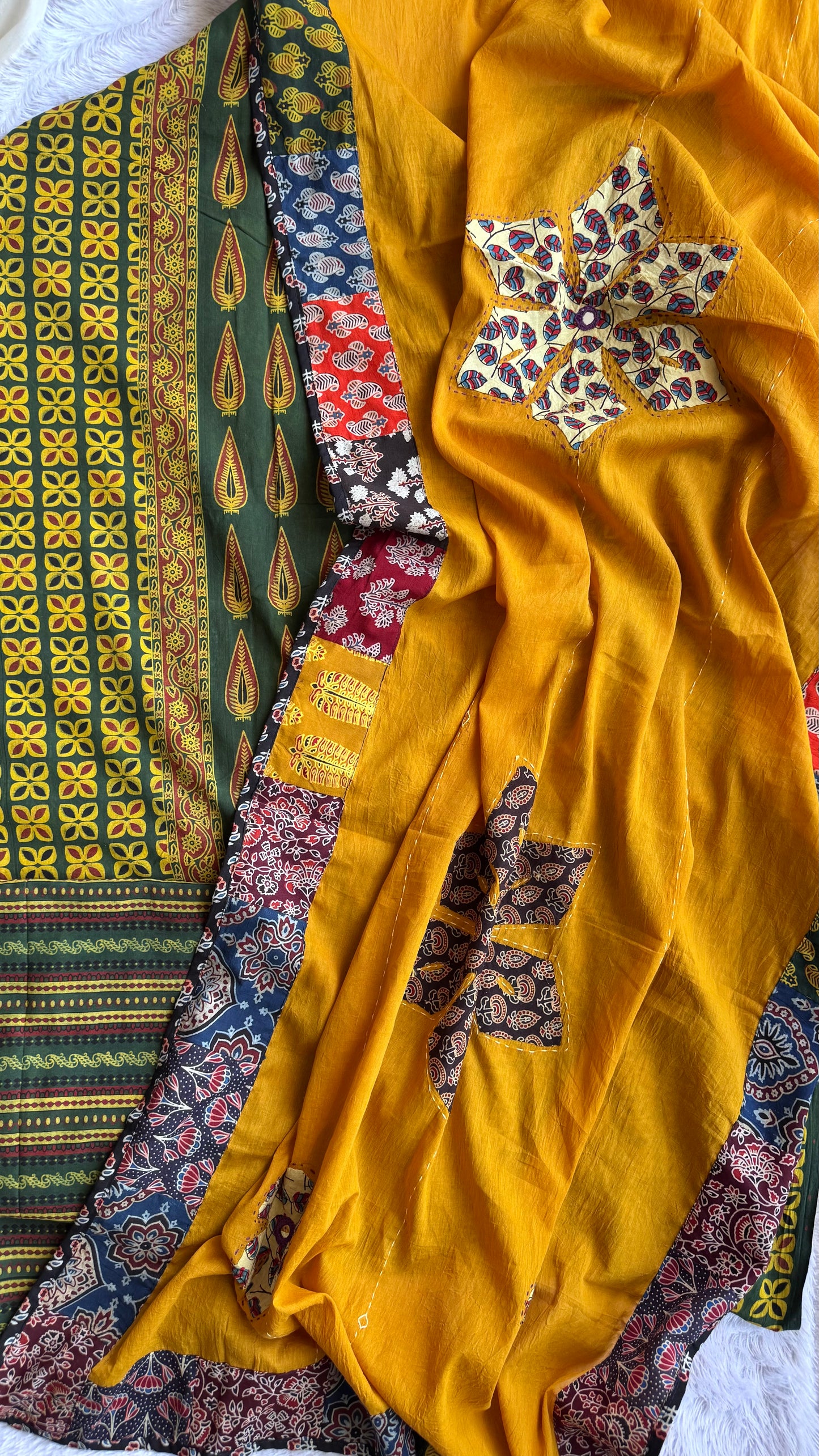 Green Ajrakh Pure Cotton Suit Set with Asopallav Motif and Mustard Mirror Work Cotton Dupatta