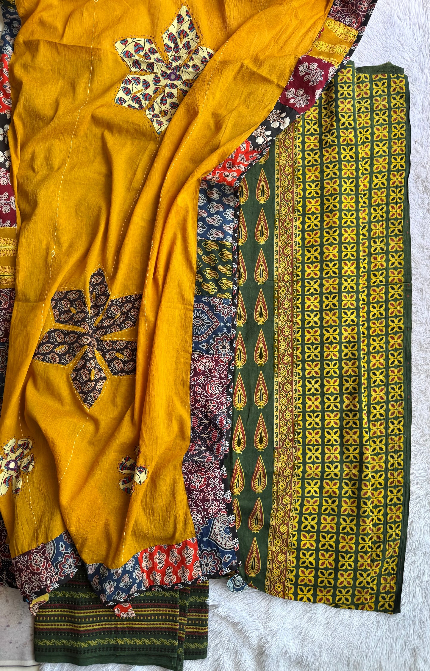 Green and Haldi Flower Motif Unstitched Handloom Cotton Dress Material with Cotton Applique Work Dupatta