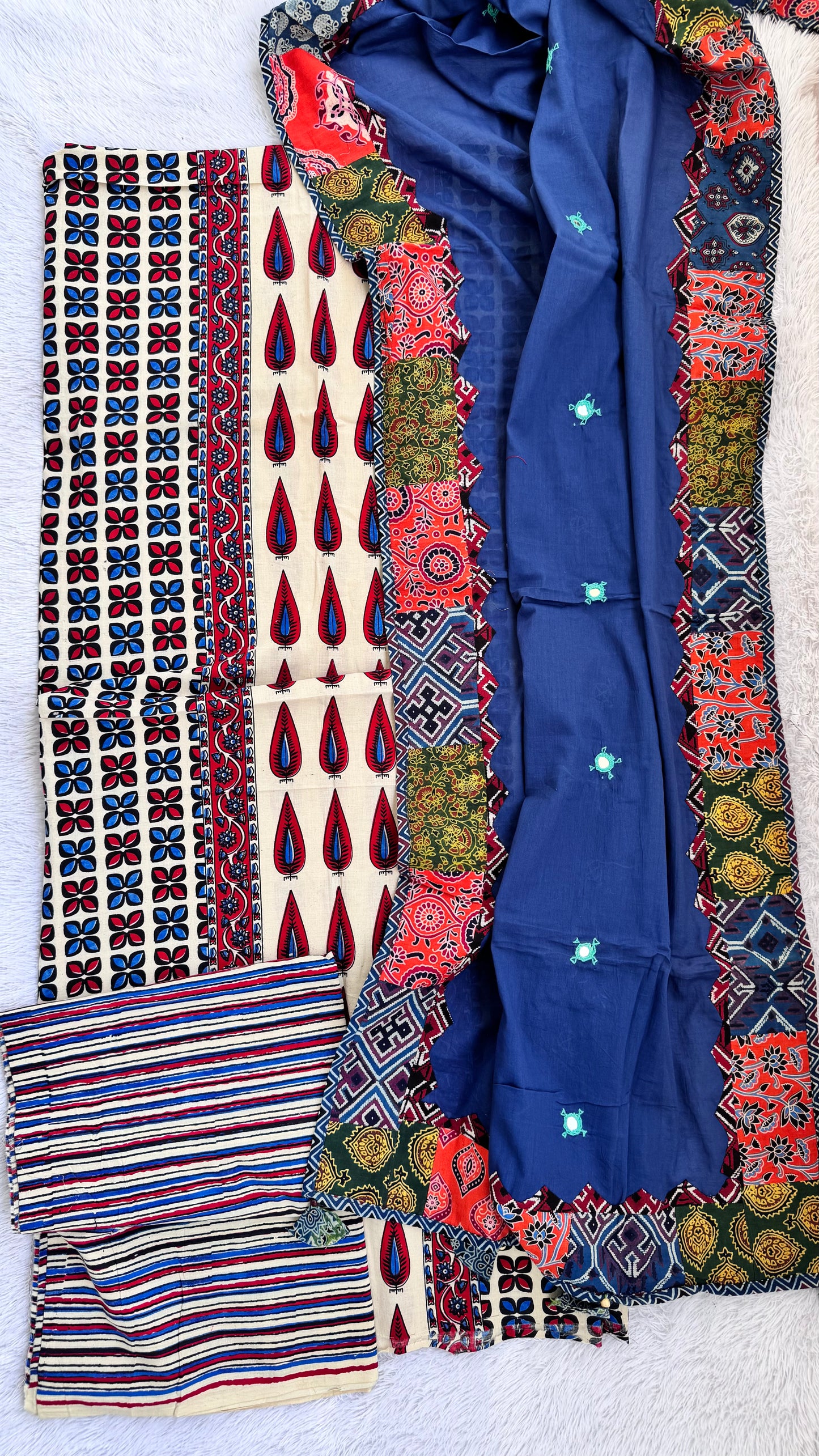 Ajrakh Off white Flower Motif Pure Cotton Suit Set with Blue Mirror Work Cotton Dupatta