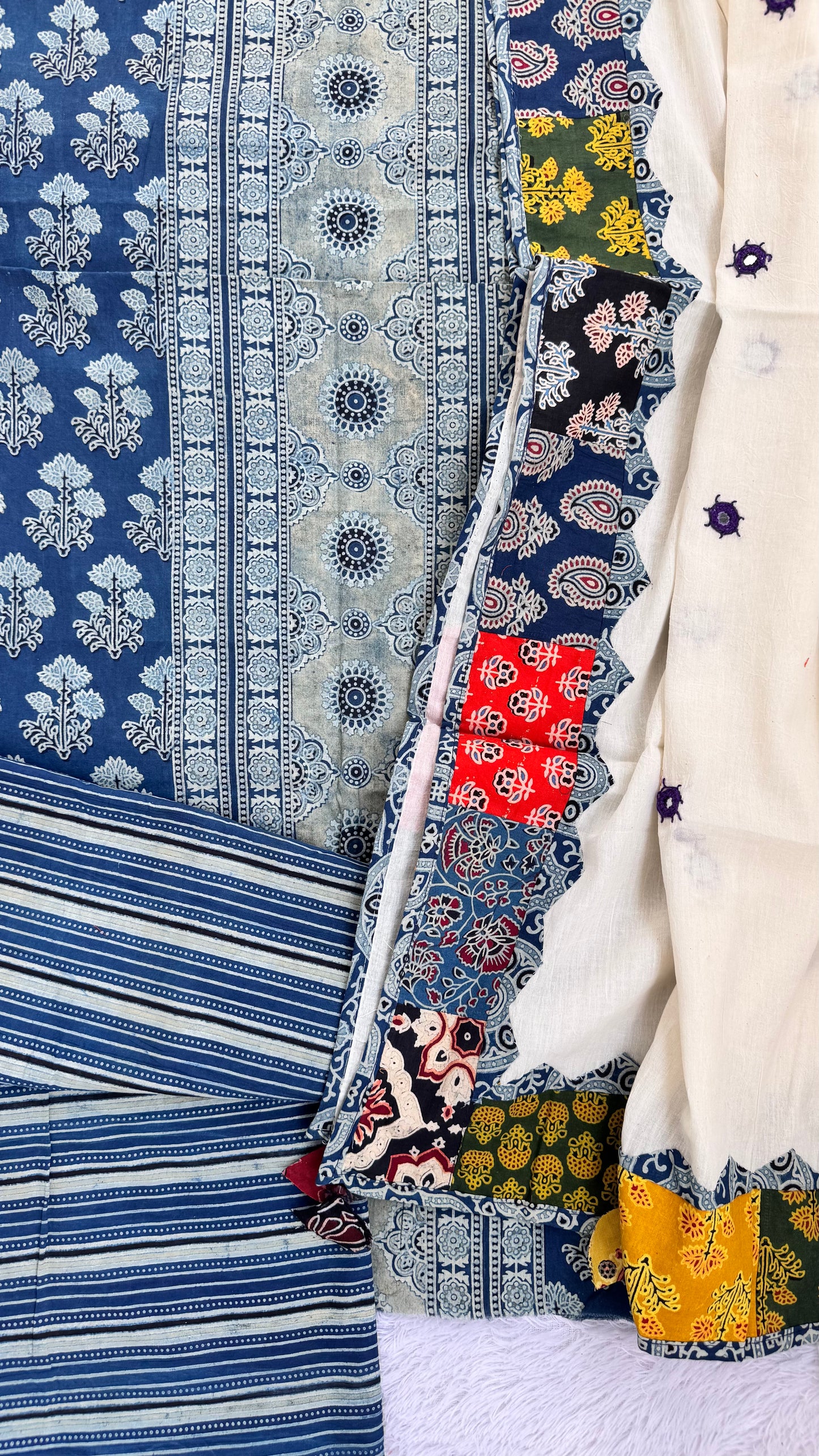 Indigo Ajrakh Pure Cotton Suit Set with Badaam Buta Motif and Off white Applique Cotton Dupatta