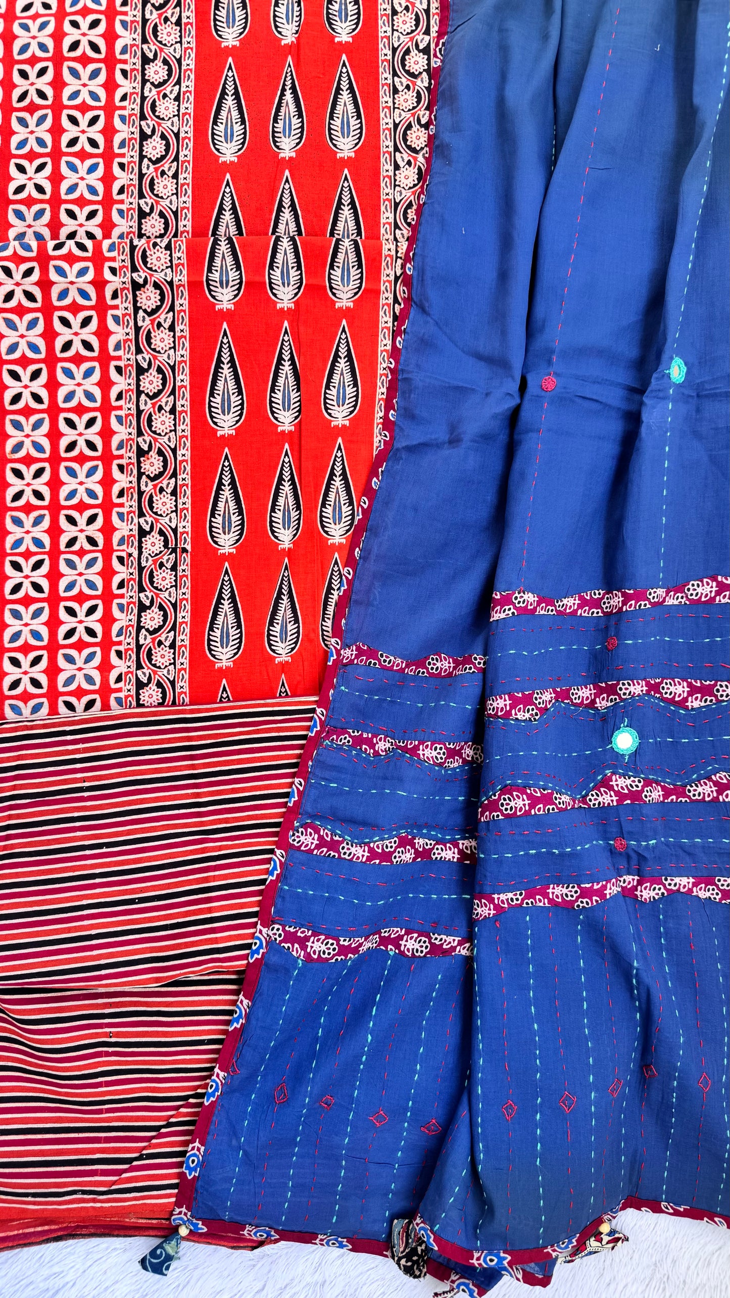 Orange and Blue Ajrakh Pure Cotton Suit Set with Asopallav Motif and Applique Cotton Dupatta