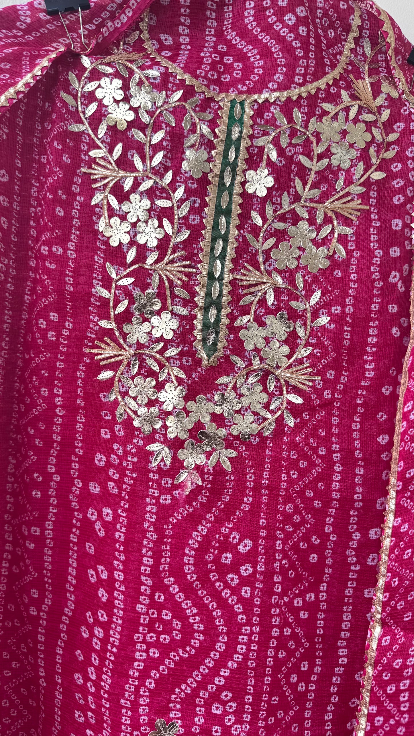 Rani Pink Lehariya Kota-Doria 3 Piece Suit Set with Gota Patti work and Kota Doria Dupatta
