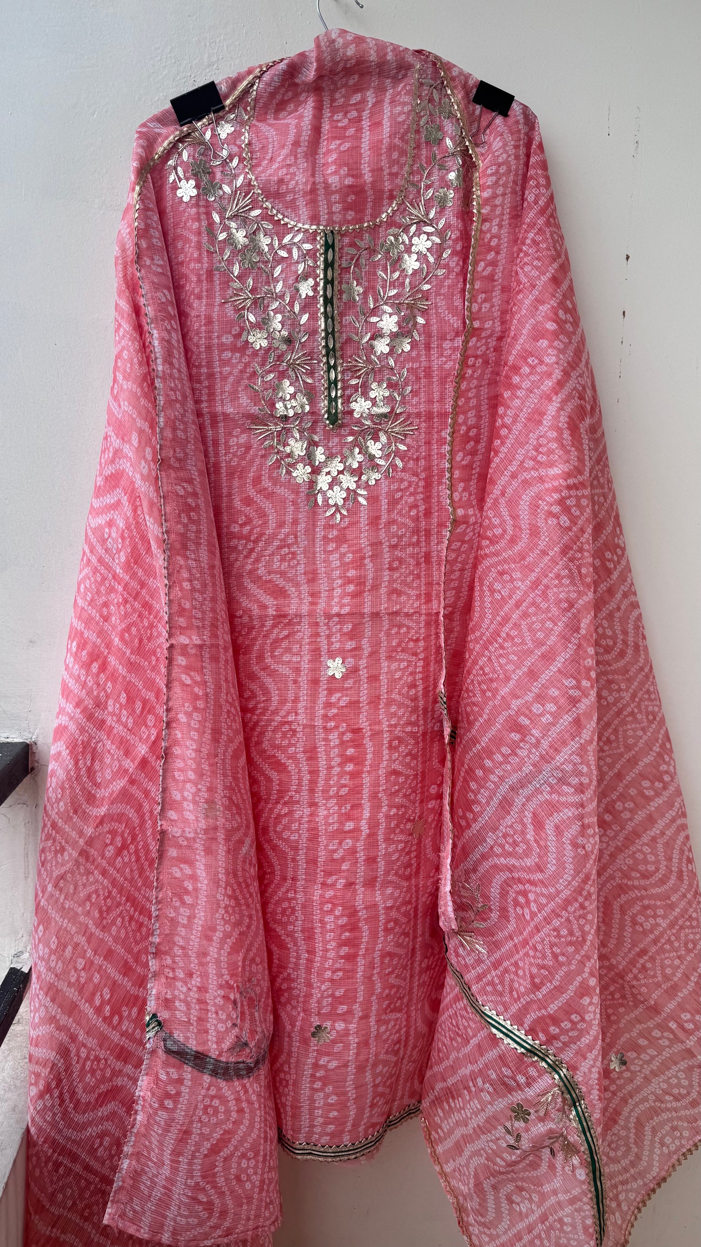 Light Peach Lehariya Kota-Doria 3 Piece Suit Set with Gota Patti work and Kota Doria Dupatta