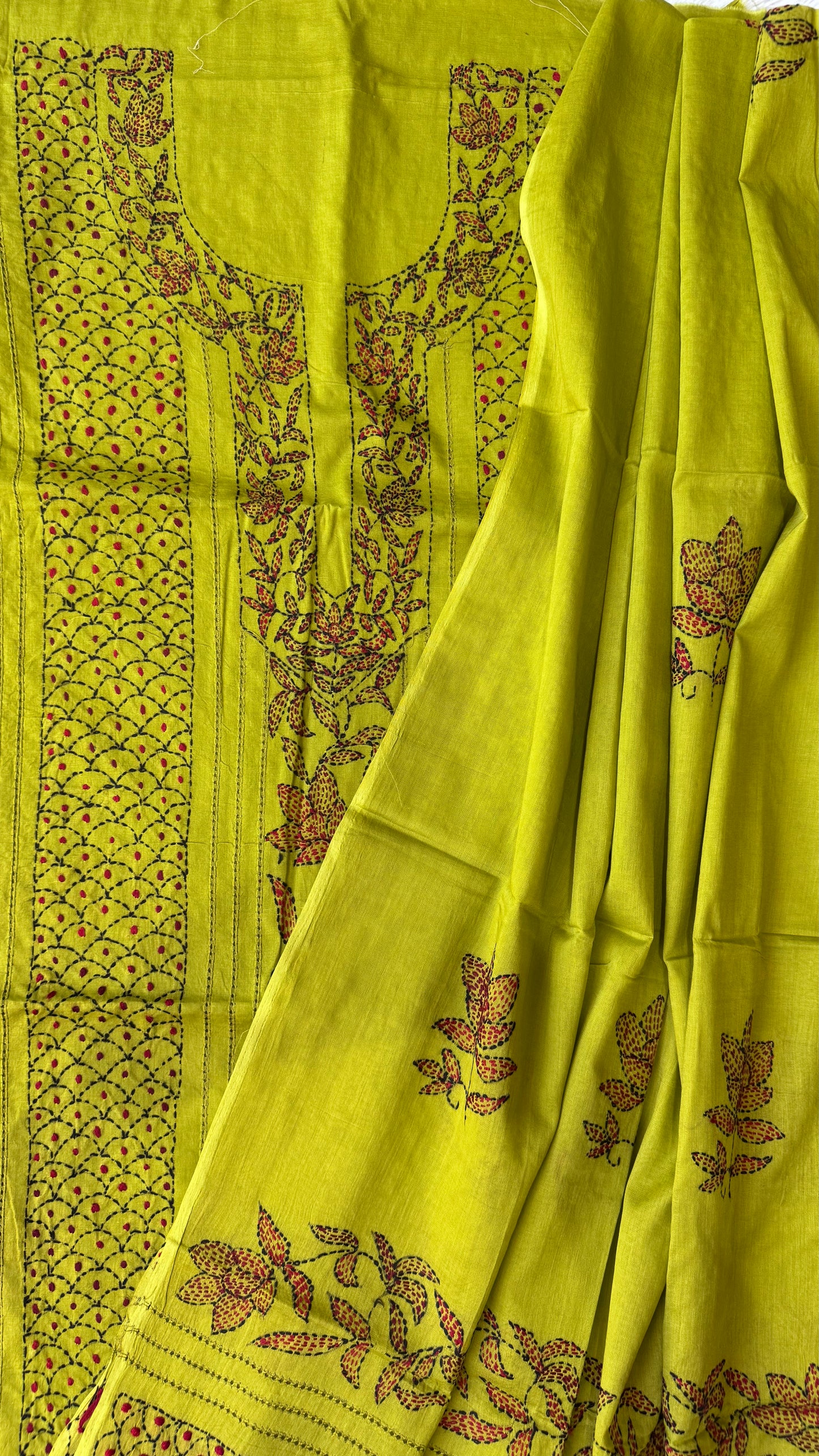 Parrot Green Pure Mul Cotton 3-Piece Unstitched Suit Set with Red Kantha Embroidery