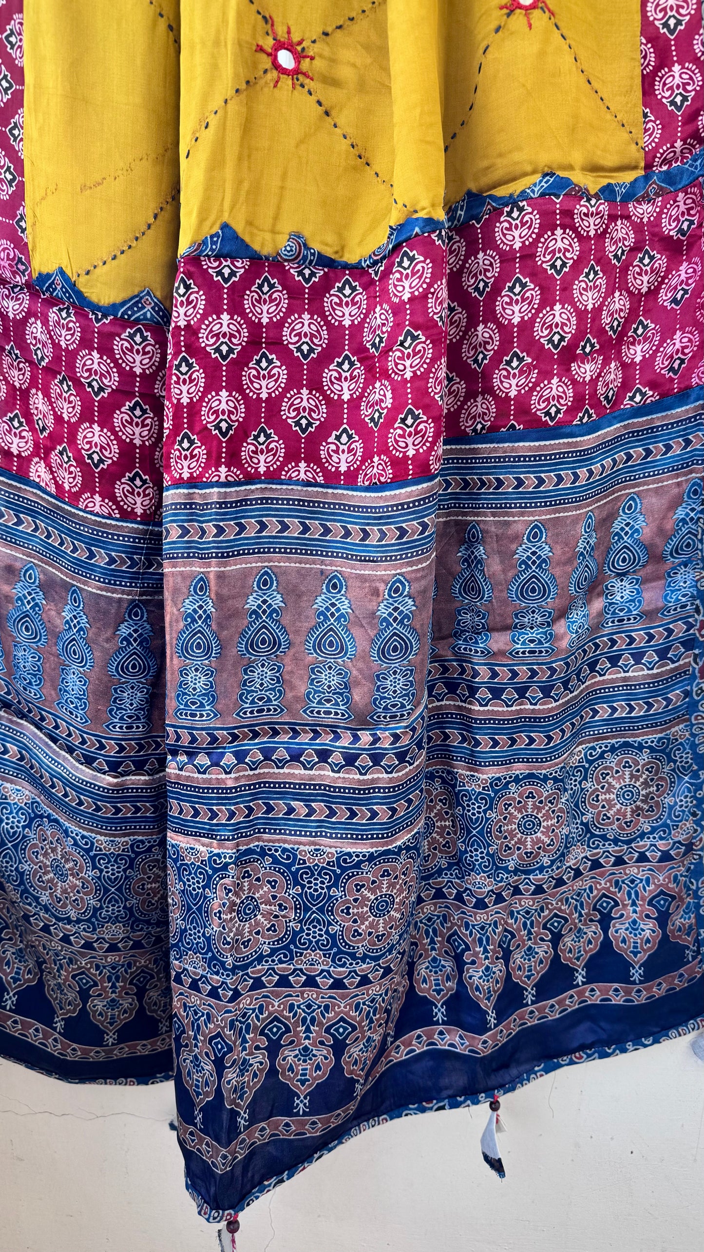 Mustard Ajrakh Applique Patchwork Modal Silk Dupatta with Mirror and Kantha Work