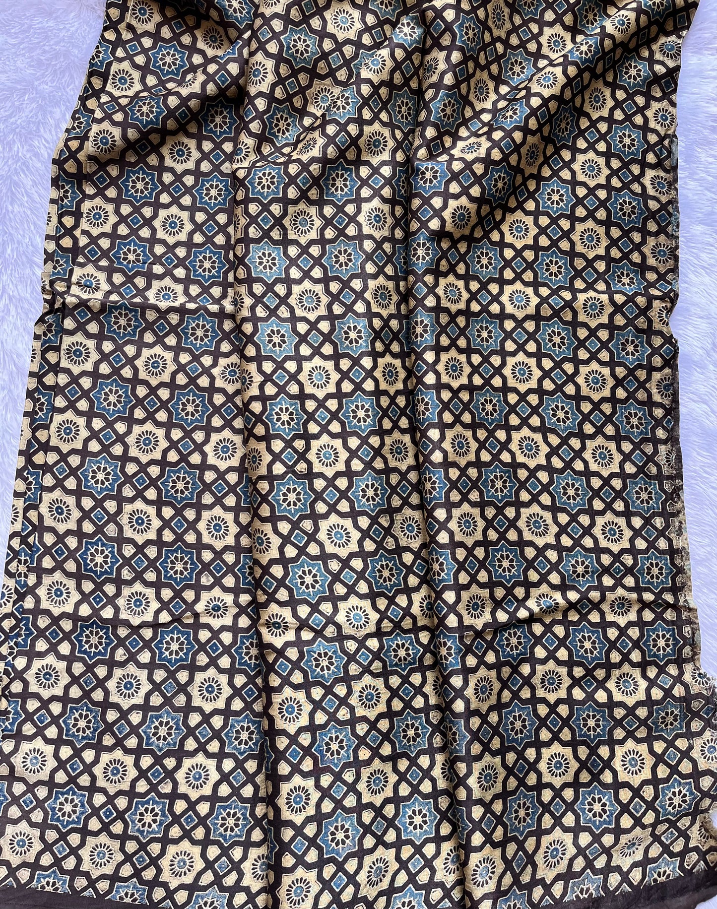 Beige and Blue Jaali Motif Ajrakh Mashru Silk Fabric