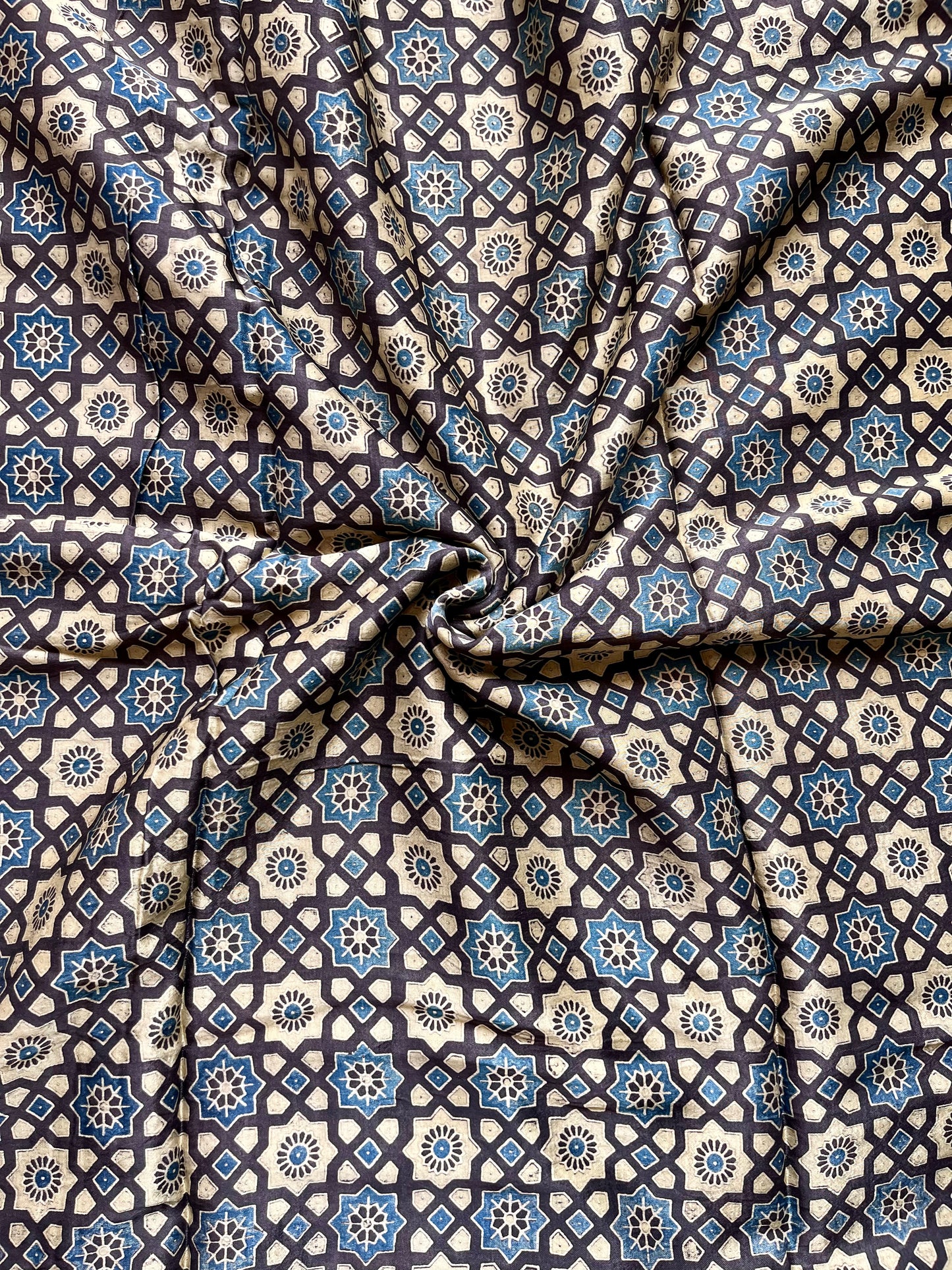 Beige and Blue Jaali Motif Ajrakh Mashru Silk Fabric