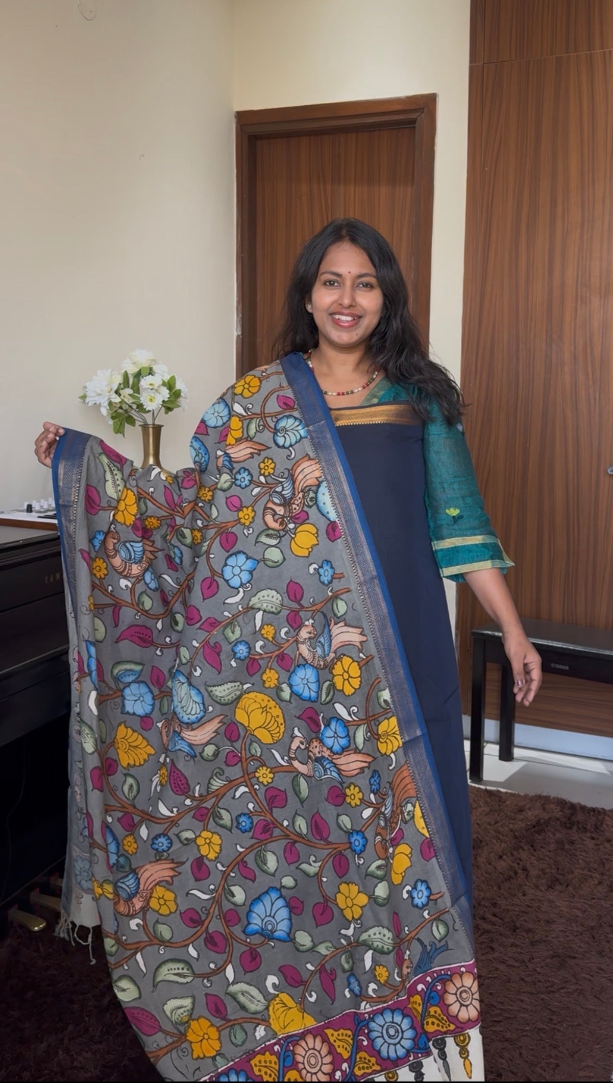 Navy Blue Solid Shade Handloom Kurta with Kalamkari Cotton Dupatta and Zari Border-2 Piece